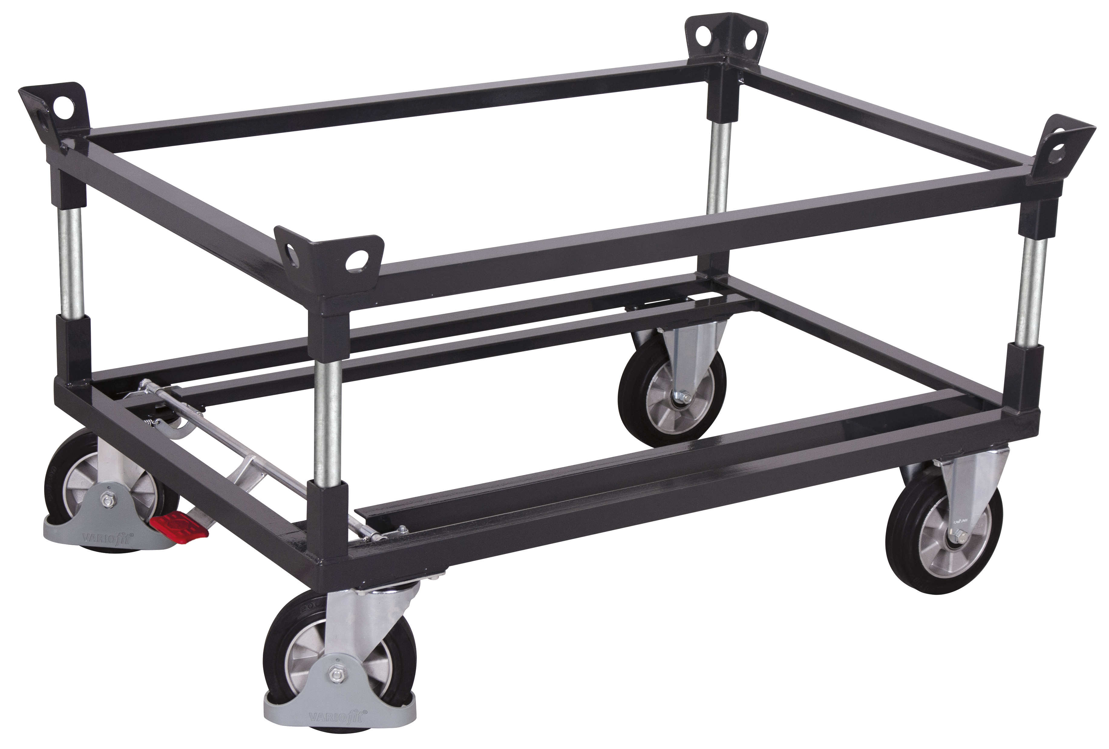 Strapazierfähiges Fahrgestell 1270 × 870 mm mit 2 Winkelrahmen aus Stahl für Europaletten und Gitterboxen, 1200 kg Traglast, RAL 7016 Belastbares Fahrgestell 1270 × 1070 mm mit 2 Winkelrahmen aus Stahl für Europaletten und Gitterboxen, 1200 kg Traglast, RAL 7016