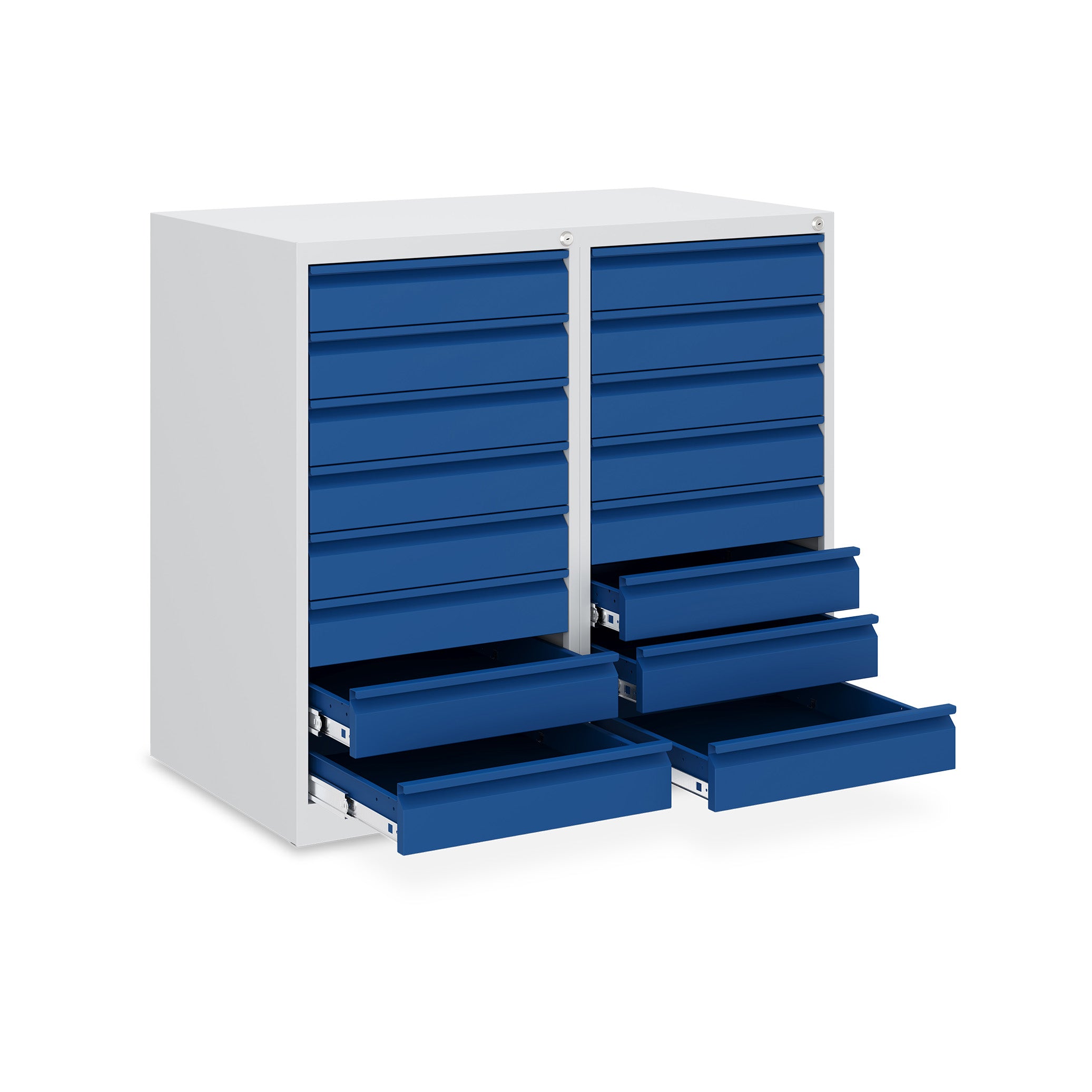 Stabiler Schubladenschrank 1000 × 500 × 900 mm – mit 16 Schubladen, Farbe lichtgrau / enzianblau Stabiler Schubladenschrank 1000 × 500 × 900 mm – mit 16 Schubladen, Farbe lichtgrau / enzianblau