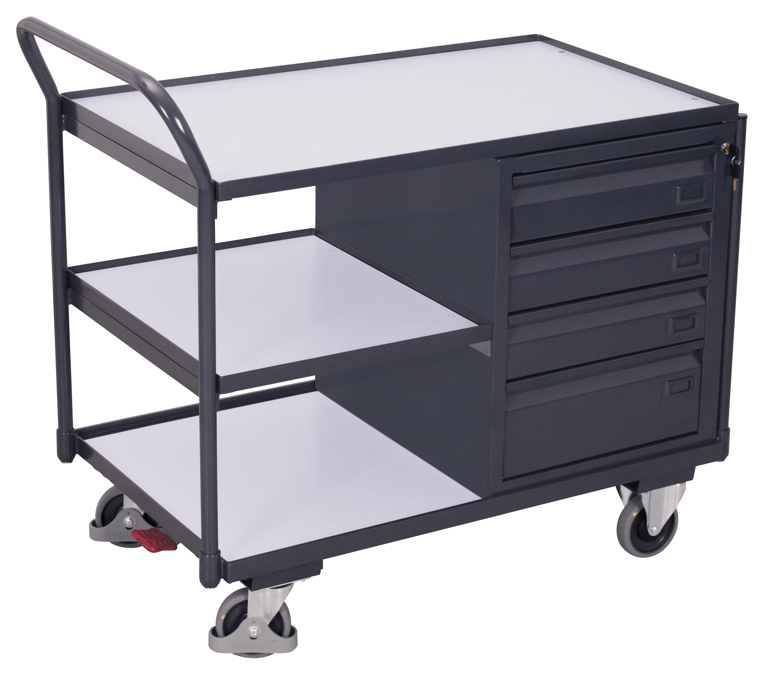 Komfortabler ESD Werkstattwagen 250 kg mit 3 Ladeflächen und Schubladen, RAL 7024, 1125 × 625 mm Komfortabler ESD Werkstattwagen 250 kg mit 3 Ladeflächen und Schubladen, RAL 7024, 1125 × 625 mm