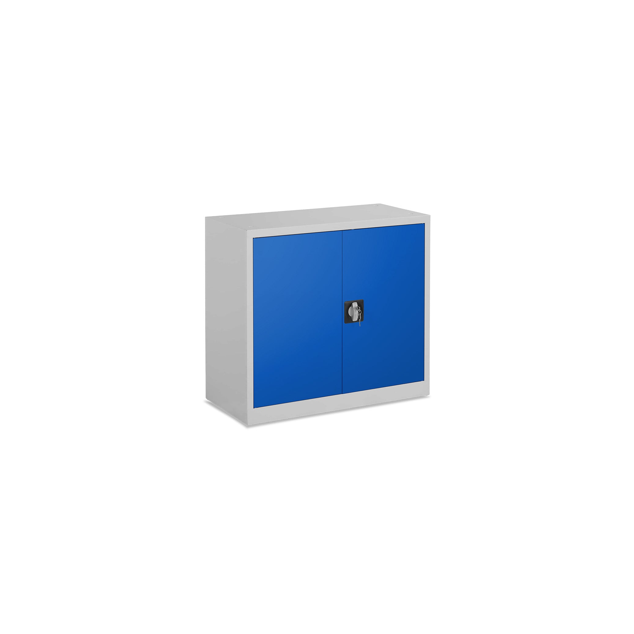 Vielseitiger Flügeltürenschrank 800 × 380 × 750 mm, Farbe Lichtgrau/Enzianblau, 1,5 Ordnerhöhen Platzsparender Stahl Aktenschrank 800 x 380 x 720 mm – robust & abschließbar in Lichtgrau