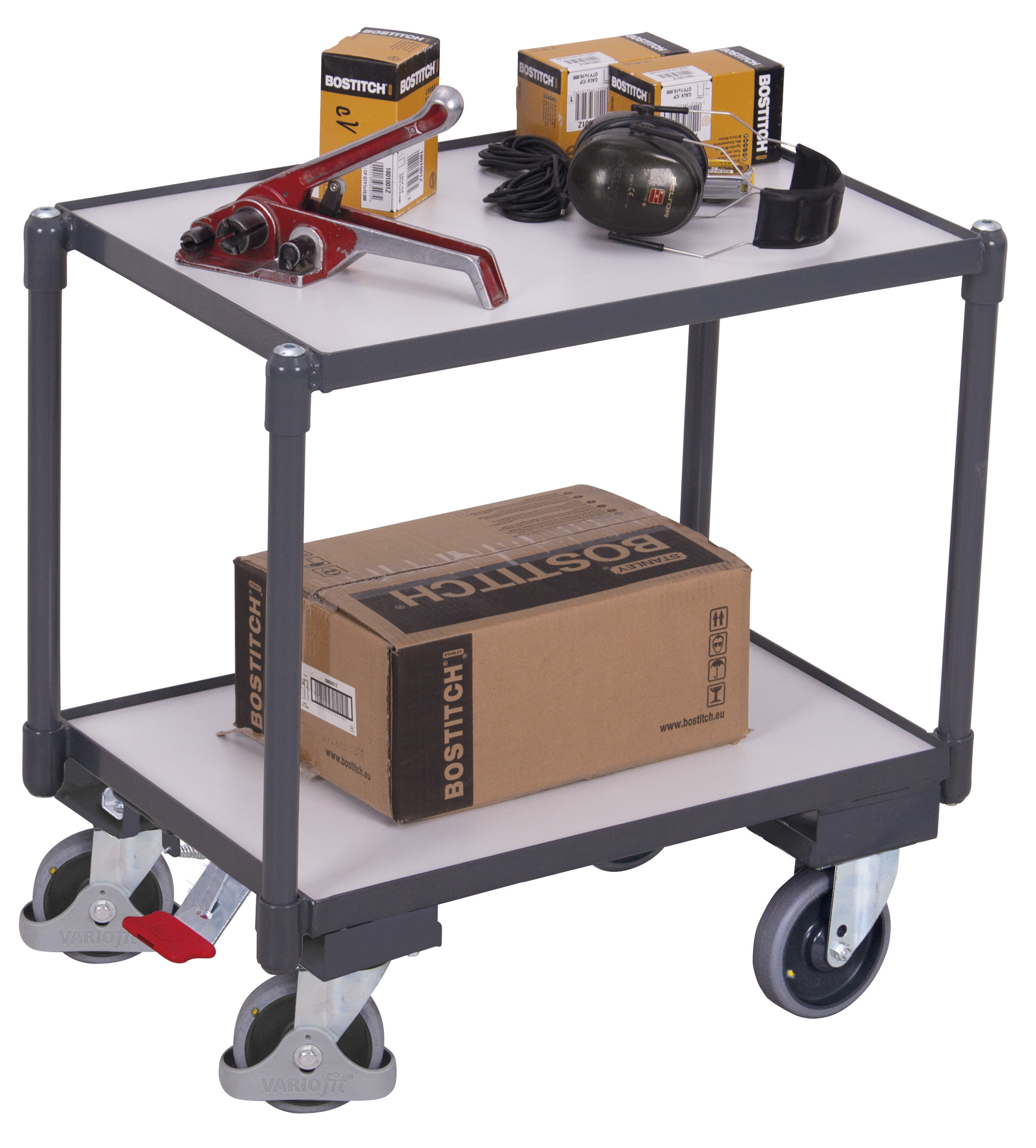 Kompakter ESD Plattformroller 675 × 415 mm mit 2 Ladeflächen, 250 kg Traglast, RAL 7024, ideal für ESD-Bereiche