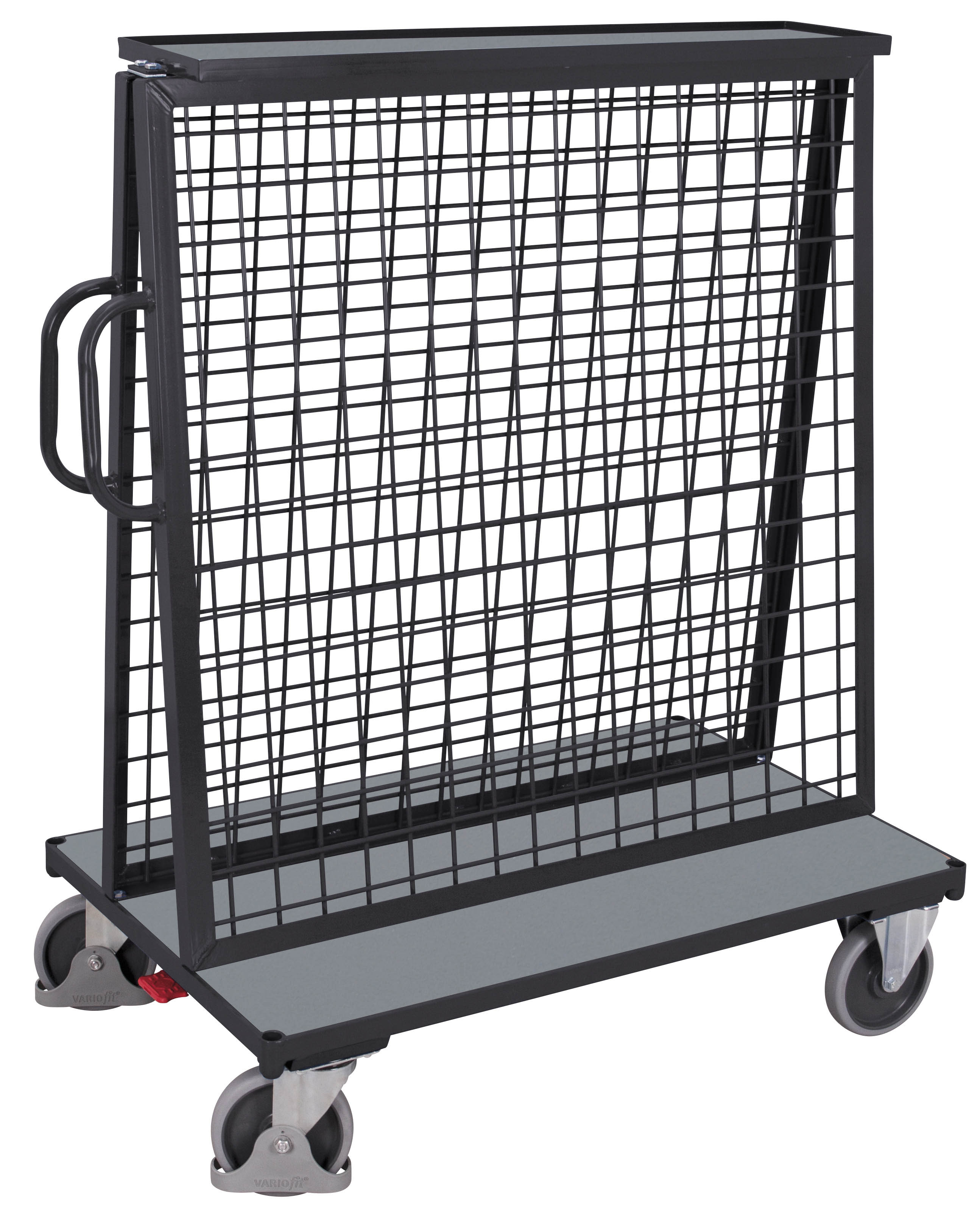 Funktionaler Werkstückwagen mit Drahtrückwand, Ablage und 2 Ladeflächen, 500 kg Traglast, RAL 7016, 1370 × 800 mm Funktionaler Werkstückwagen mit Drahtrückwand, Ablage und 2 Ladeflächen, 500 kg Traglast, RAL 7016, 1370 × 800 mm