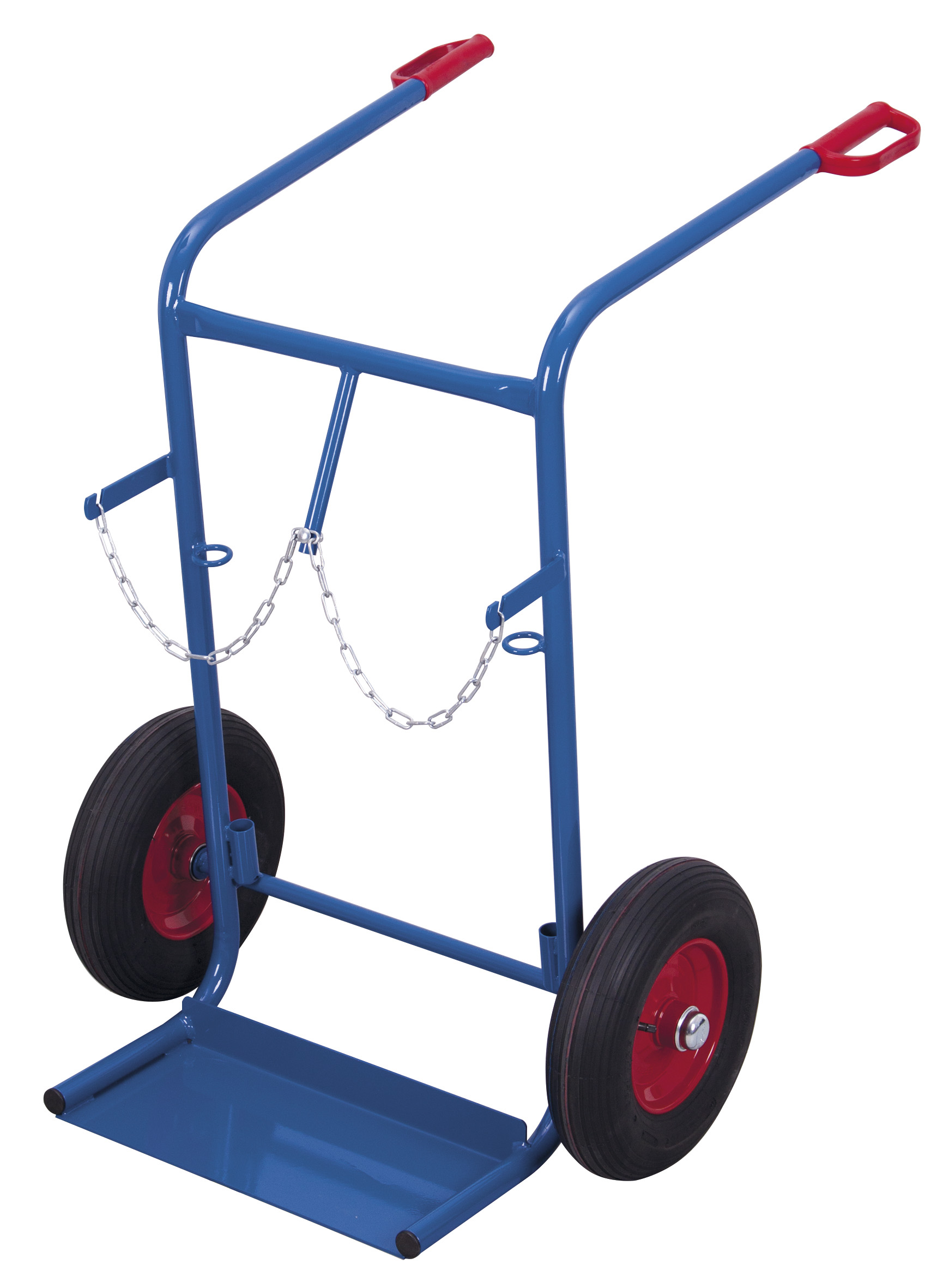 Stabile Stahlflaschenkarre für 2 Flaschen 40–50 Ltr., 855 x 975 x 1240 mm, 200 kg Traglast, Luftbereifung, RAL 5010, ideal für sicheren Transport Stabile Stahlflaschenkarre für 2 Flaschen 40–50 Ltr., 855 x 975 x 1240 mm, 200 kg Traglast, Luftbereifung, RAL 5010, ideal für sicheren Transport