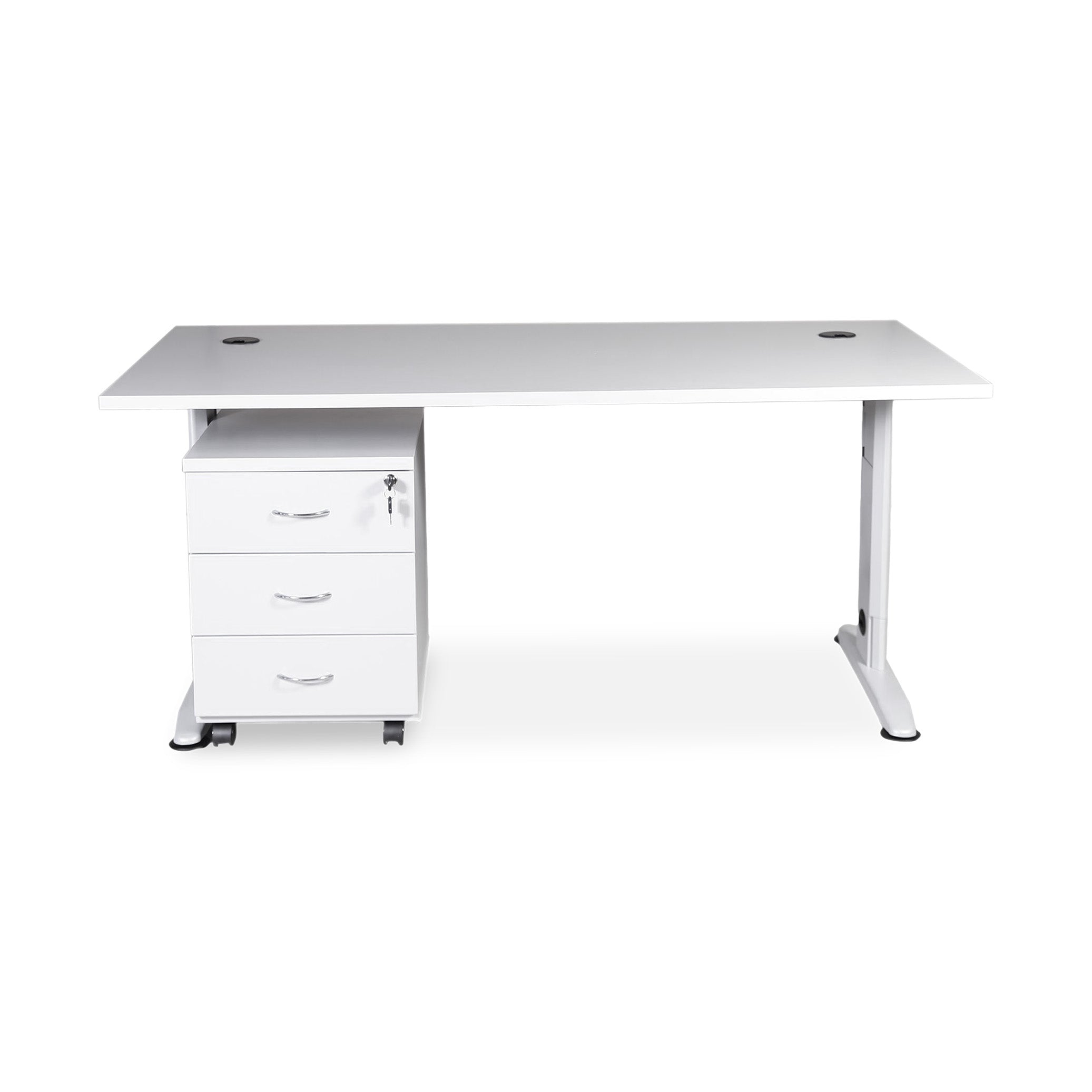 T-Fuß Schreibtisch mit Rollcontainer 1600 x 800 mm Weiß – Geräumiges Büro-Set für modernes Arbeiten