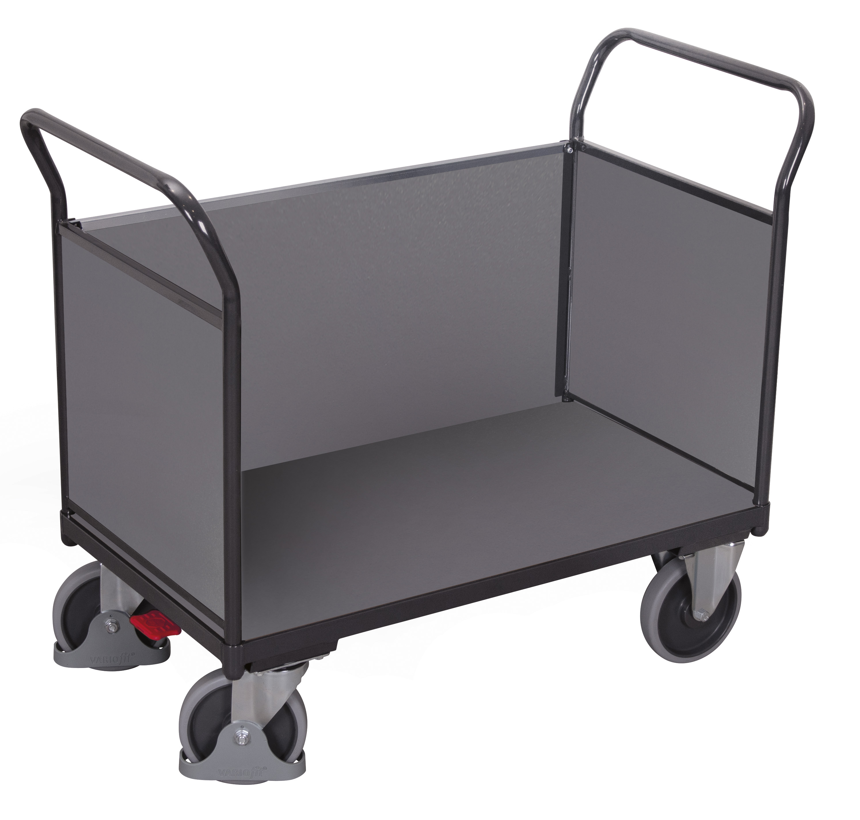 Kompakter Dreiwandwagen 1040 × 500 mm mit Holzaufbau, 400 kg Traglast, RAL 7016, ideal für Lager & Werkstatt Geräumiger Dreiwandwagen 1390 × 800 mm mit Holzaufbau, 500 kg Traglast, RAL 7016, ideal für Lager & Werkstatt