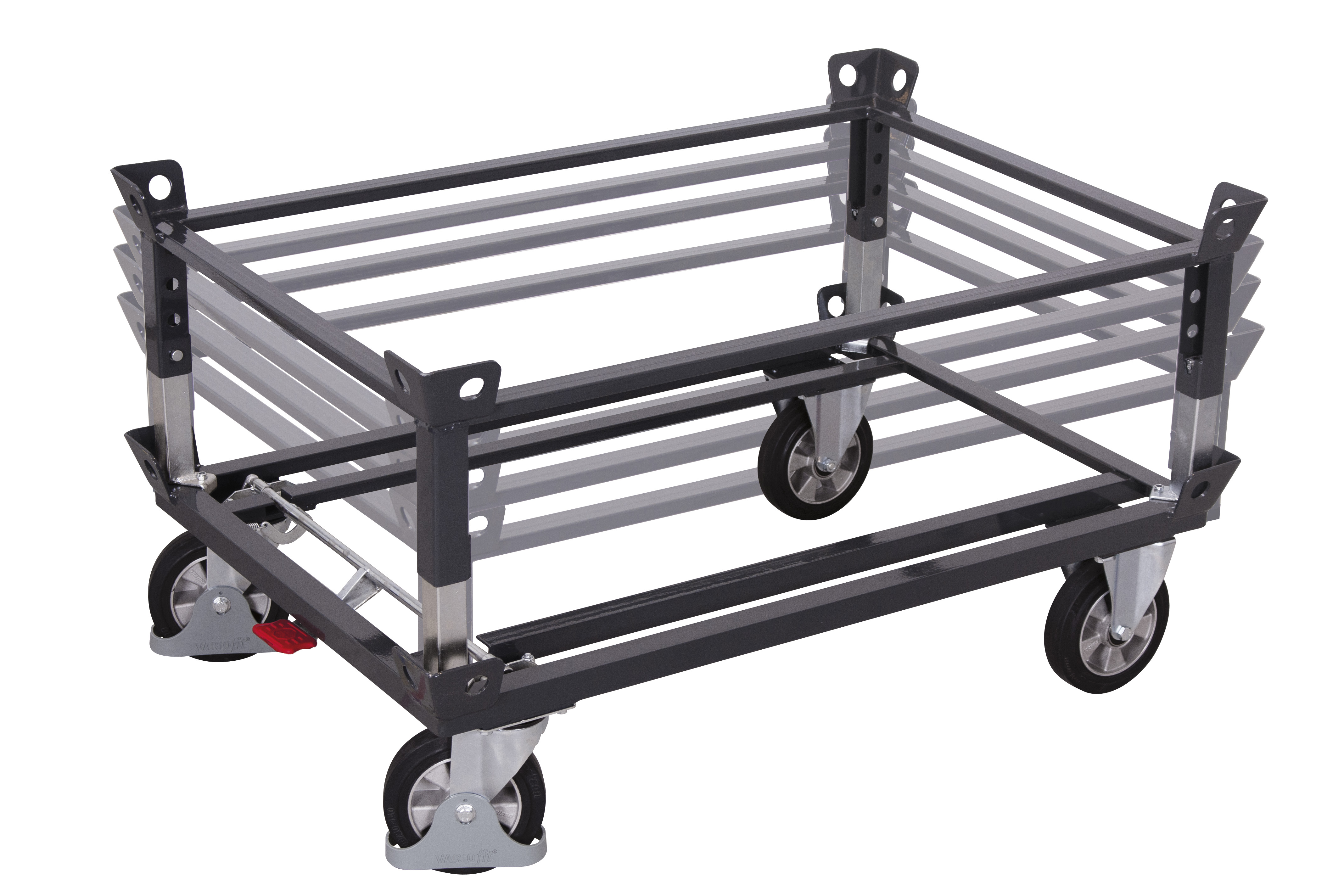 Anpassbarer Aufsatzrahmen 1270 × 1070 mm aus Stahl mit 4 Ladehöhen, RAL 7016, passend für Fahrgestelle, ideal für Lager & Werkstatt