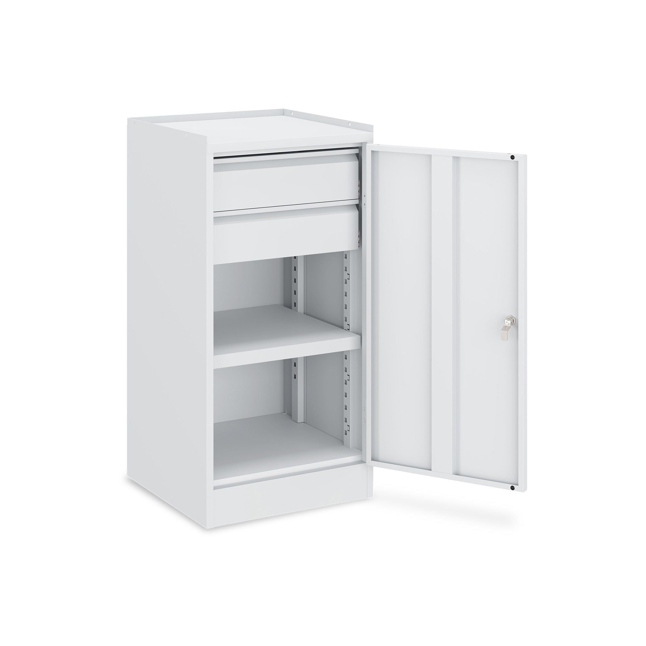 Kompakter Werkzeugschrank 500 × 500 × 1000 mm – 1 Tür, 2 Fachböden, 1 Schublade, Farbe lichtgrau / ichtgrau