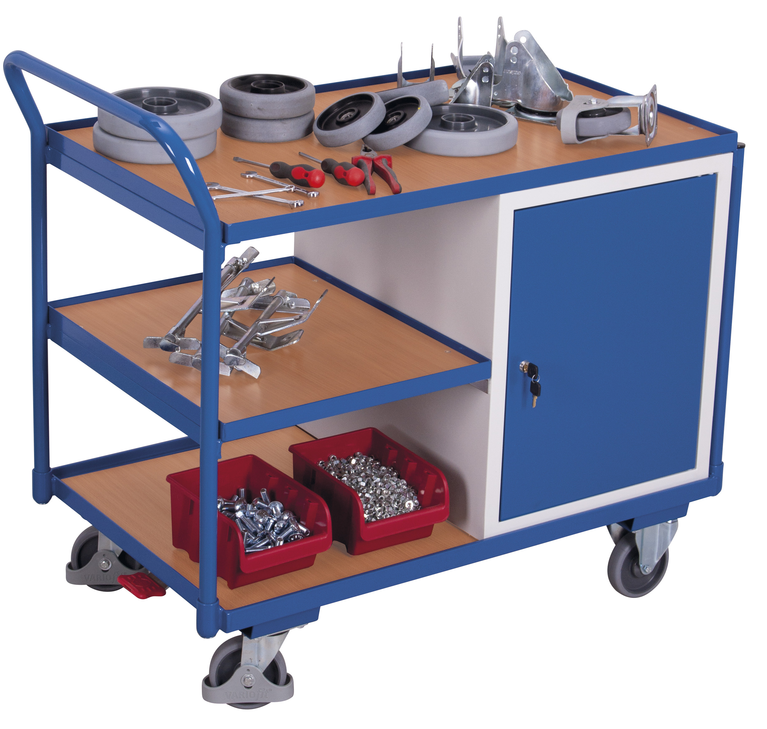 Vielseitiger Werkstattwagen 250 kg mit 3 Ladeflächen und Schrank, RAL 5010, 1125 × 625 mm