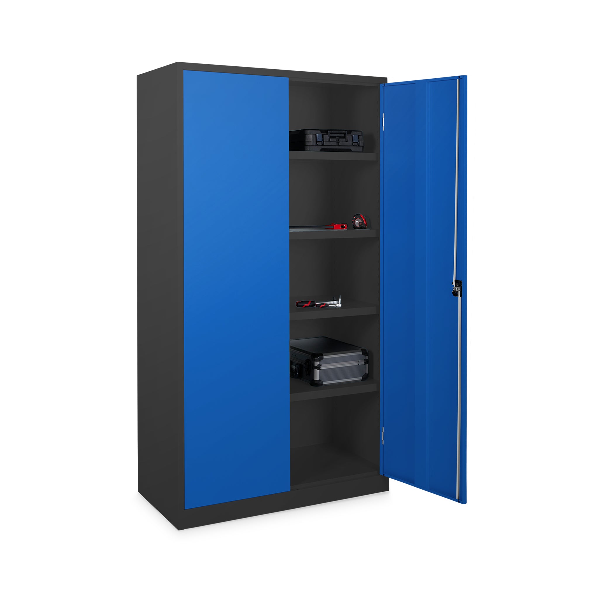 Extra tiefer Werkzeugschrank 920 x 600 mm, 5 Ordnerhöhen, Korpus Tiefschwarz, Türen Enzianblau