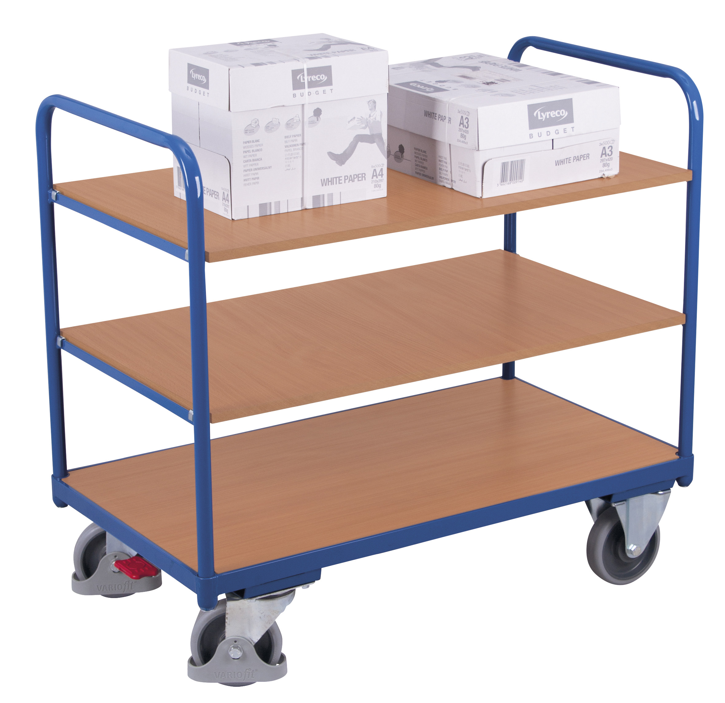 Stabiler Etagenwagen niedrig 1060 × 700 mm mit variablen Etagenböden, 250 kg Traglast, RAL 5010, ideal für Werkstatt & Betrieb Modularer Etagenwagen niedrig 1060 × 600 mm mit variablen Etagenböden, 250 kg Traglast, RAL 5010, ideal für Werkstatt & Betrieb
