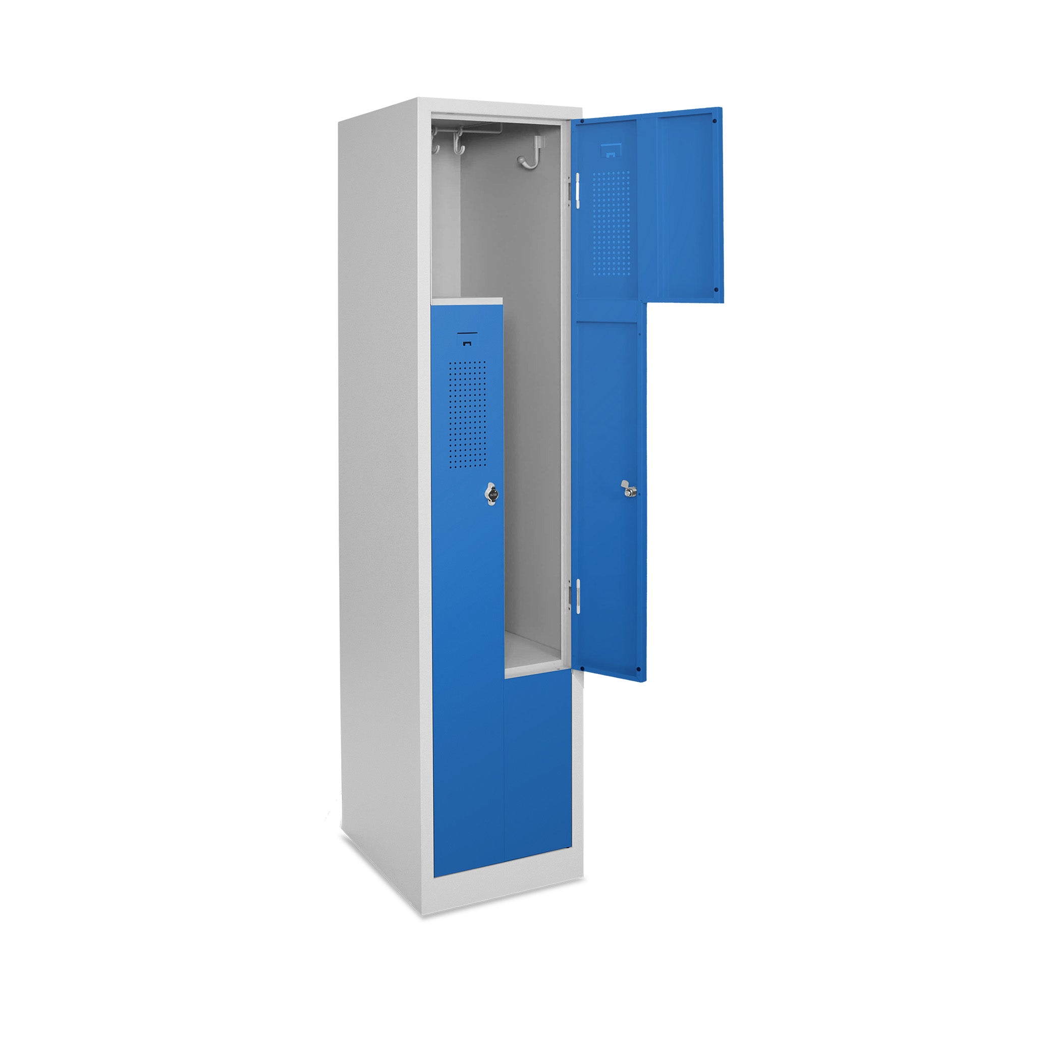 Z-Spind mit 2 Drehriegeln, 415 × 500 × 1800 mm, Farbe lichtgrau / enzianblau