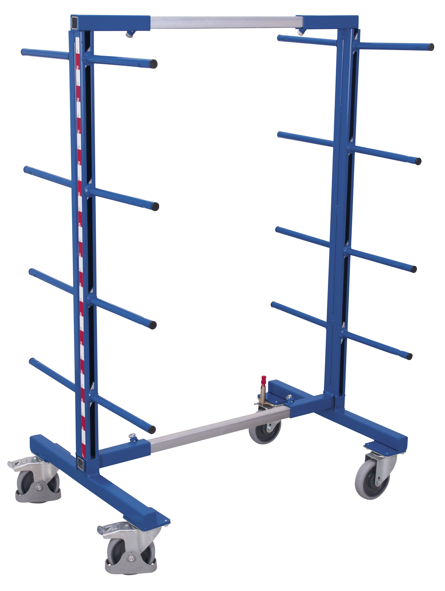 Kompakter Tragarmwagen zweiseitig, mit 8 Tragarmebenen, 400 kg Traglast, RAL 5010, 540–1400 × 830 mm Flexibler Tragarmwagen zweiseitig, mit 8 Tragarmebenen, 400 kg Traglast, RAL 5010, 540–1700 × 830 mm
