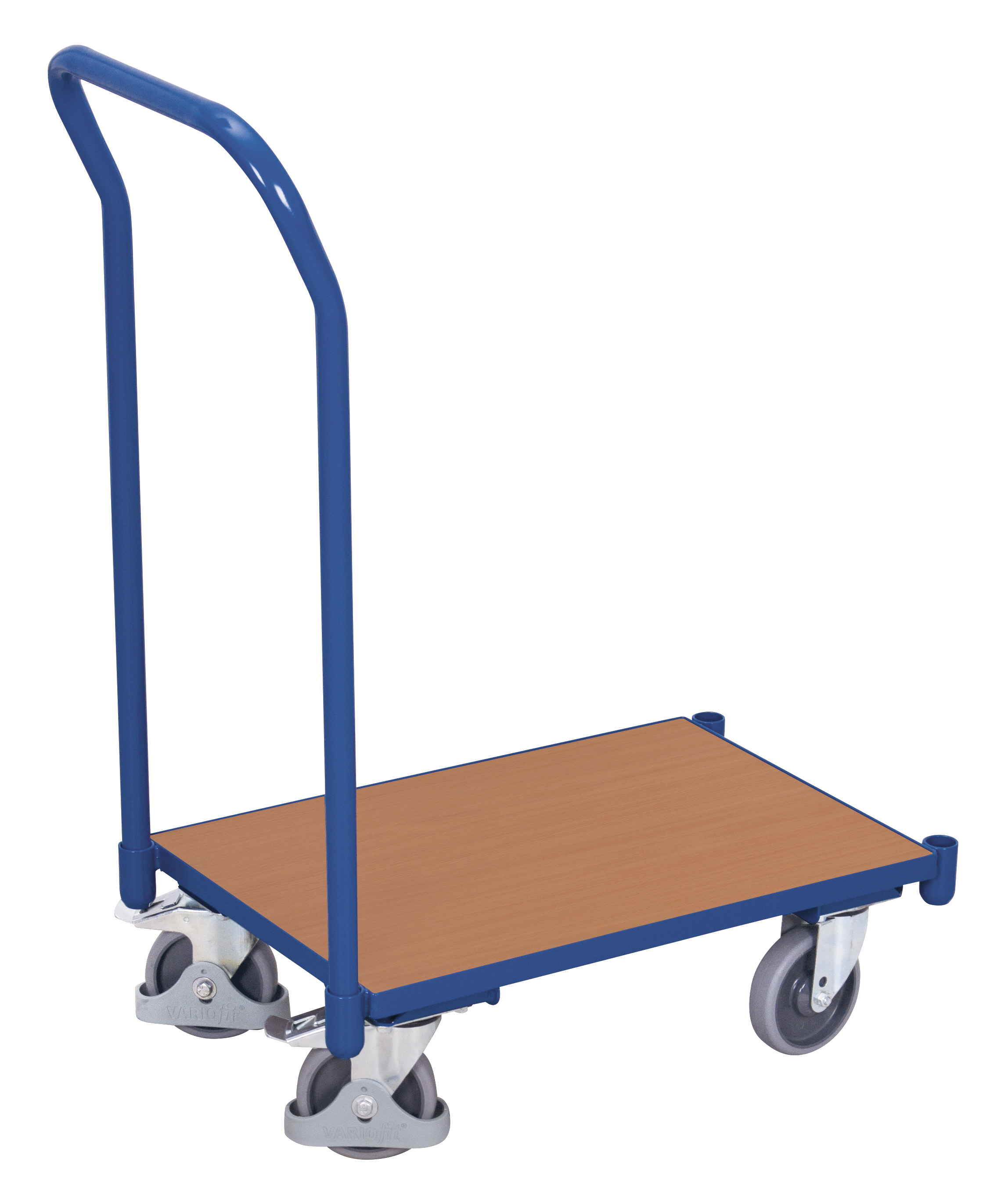 Praktischer Plattformroller 740 × 415 mm mit bündigem Holzboden, Eckhülsen und Schiebebügel, 250 kg Traglast, RAL 5010, ideal für Lager & Kommissionierung Praktischer Plattformroller 740 × 415 mm mit bündigem Holzboden, Eckhülsen und Schiebebügel, 250 kg Traglast, RAL 5010, ideal für Lager & Kommissionierung