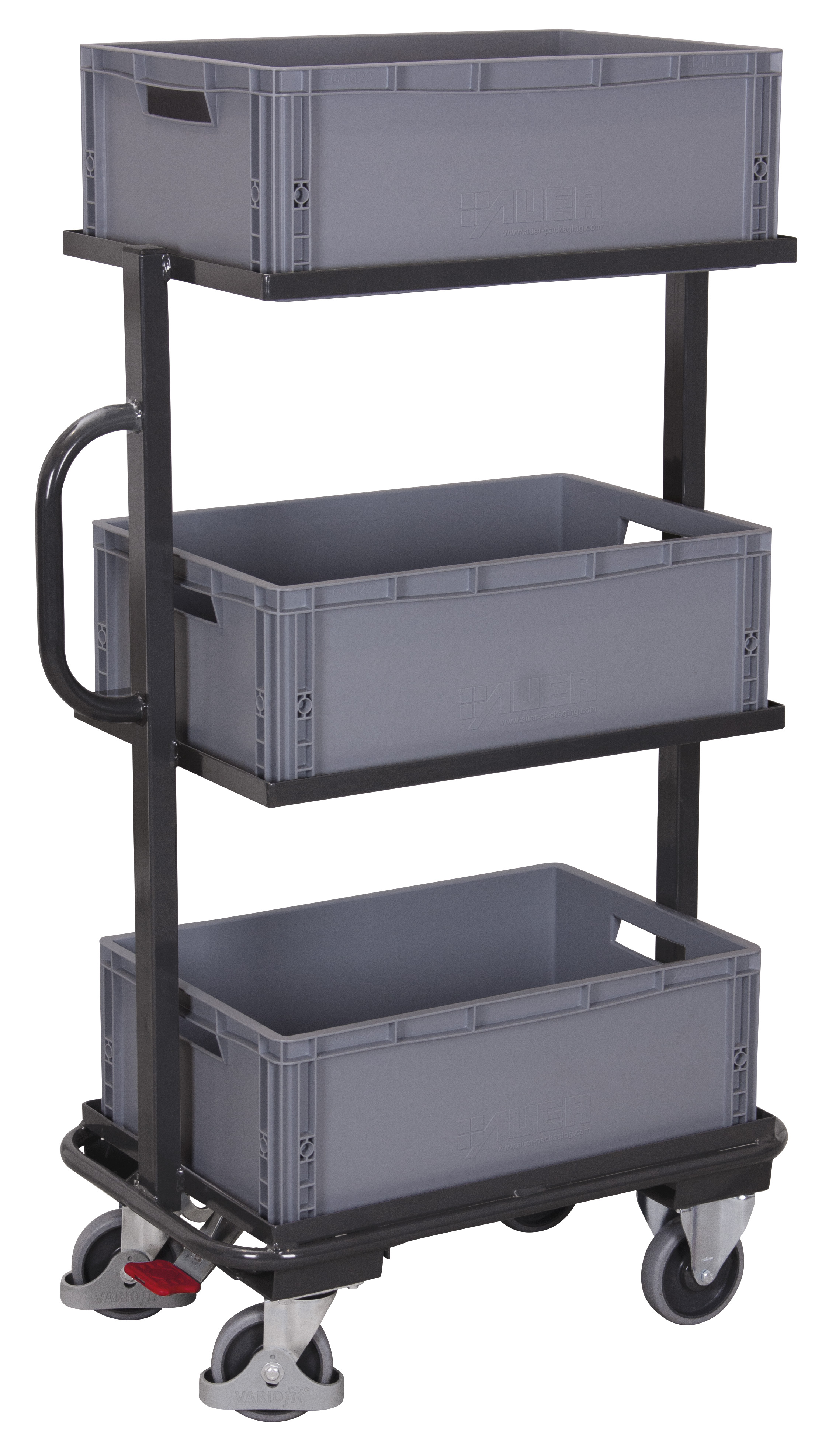Praktischer Beistellwagen 815 x 455 x 1385 mm mit 3 Kunststoffkisten 600 x 400 x 220 mm, RAL 7016, ideal für Lager & Kommissionierung