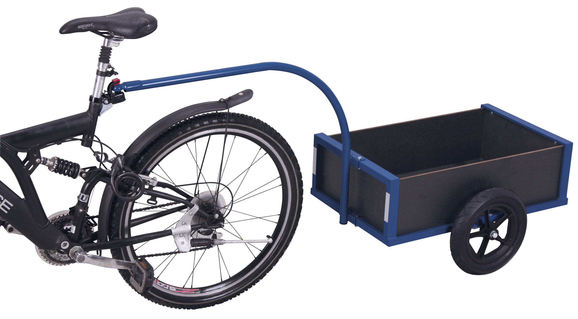 Leichter Fahrradanhänger mit Bordwand 1595 × 625 mm mit Siebdruck-Ladefläche, 150 kg Traglast, RAL 5010, ideal für innerbetrieblichen Transport Leichter Fahrradanhänger mit Bordwand 1595 × 625 mm mit Siebdruck-Ladefläche, 150 kg Traglast, RAL 5010, ideal für innerbetrieblichen Transport