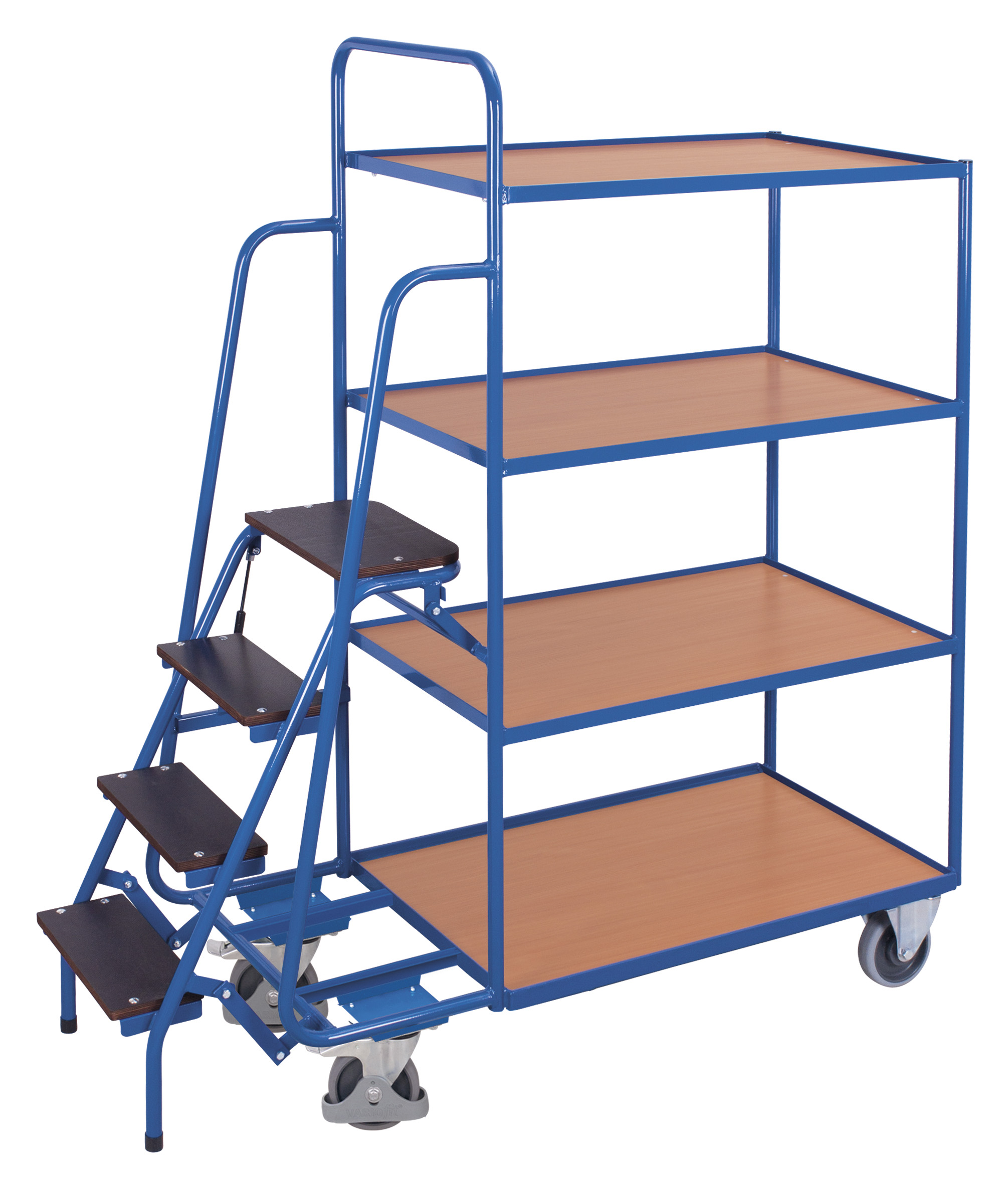 Geräumiger Kommissionierwagen hoch mit 4 Ladeflächen und Trittstufe, RAL 5010, 1695 × 625 mm Geräumiger Kommissionierwagen hoch mit 4 Ladeflächen und Trittstufe, RAL 5010, 1695 × 625 mm