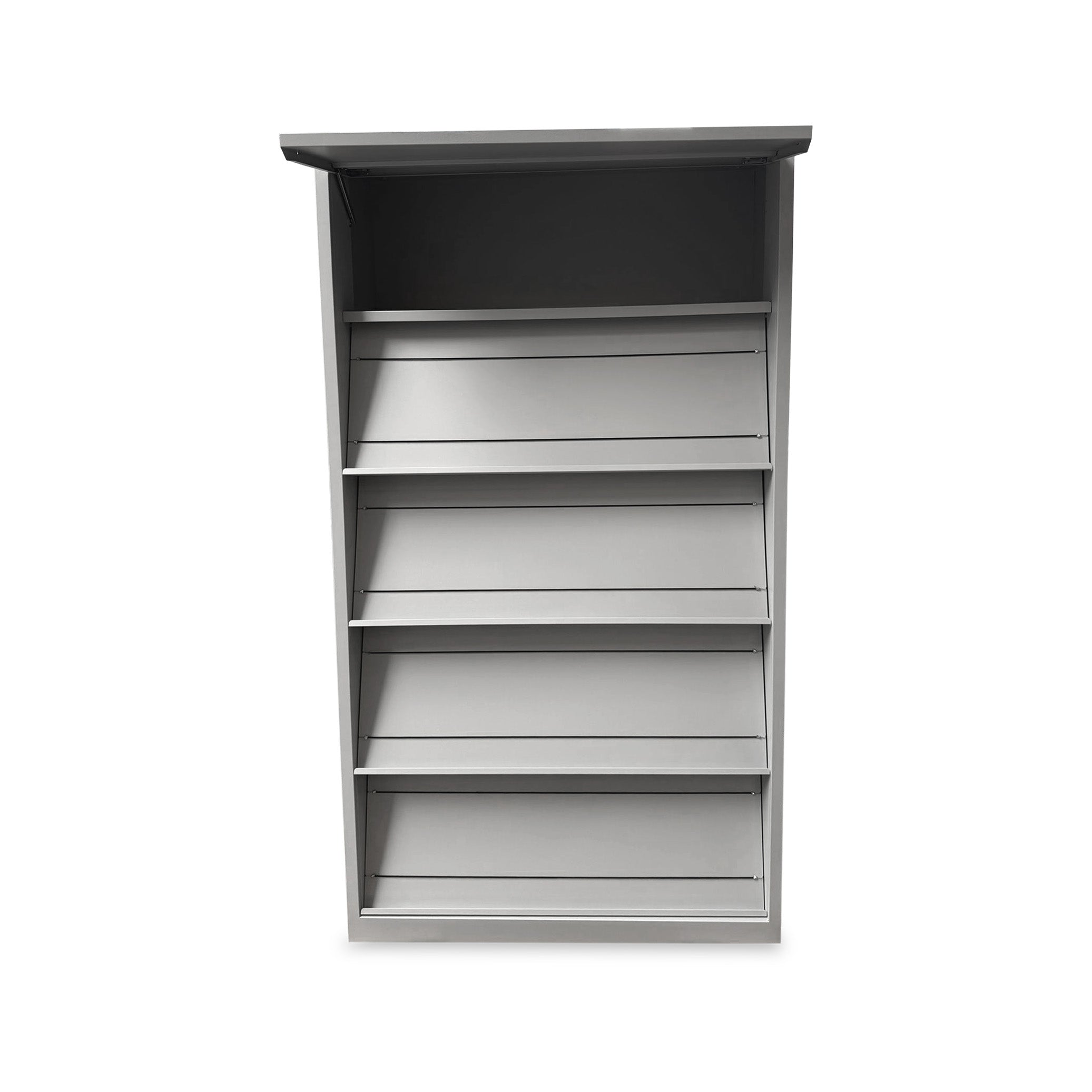 Prospektschrank mit 5 Schrägfachböden – 5 Ordnerhöhen, 100 × 420 × 1950 mm, Farbe lichtgrau