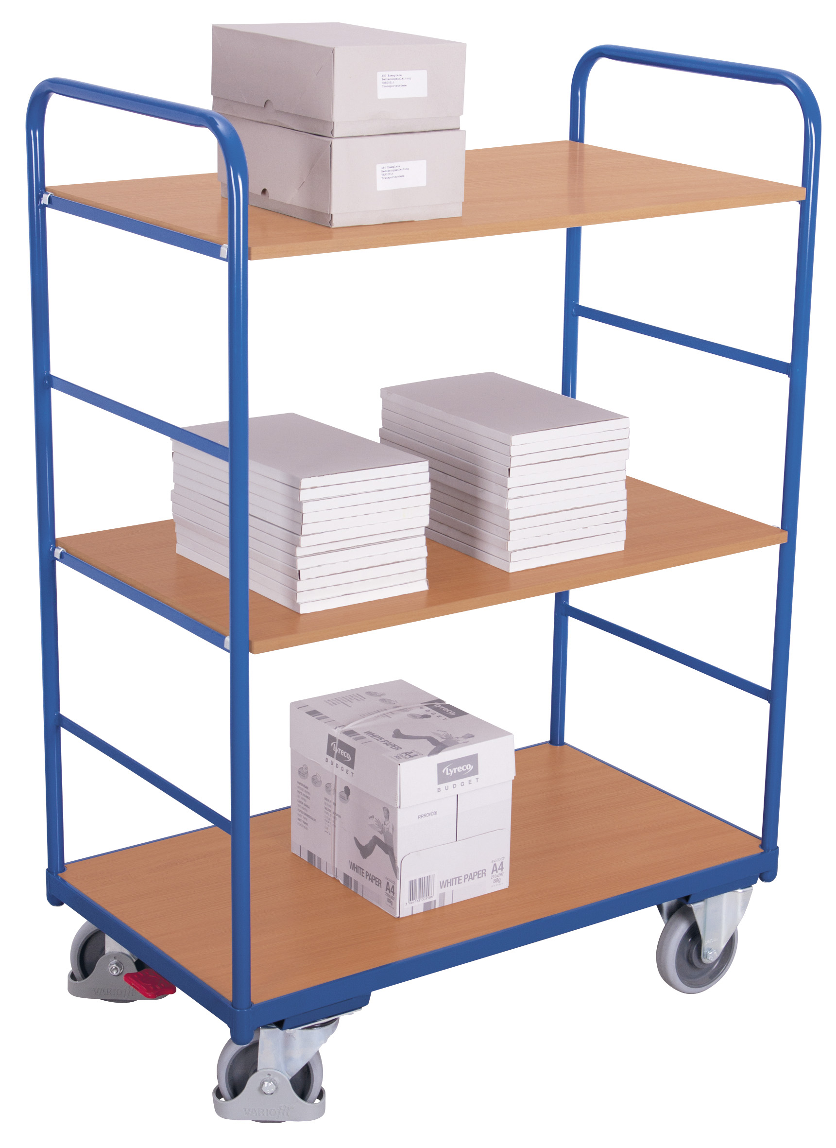 Voluminöser Etagenwagen hoch 1260 × 800 × 1530 mm mit zwei Holz-Etagenböden, 250 kg Traglast, RAL 5010, ideal für Lager & Werkstatt