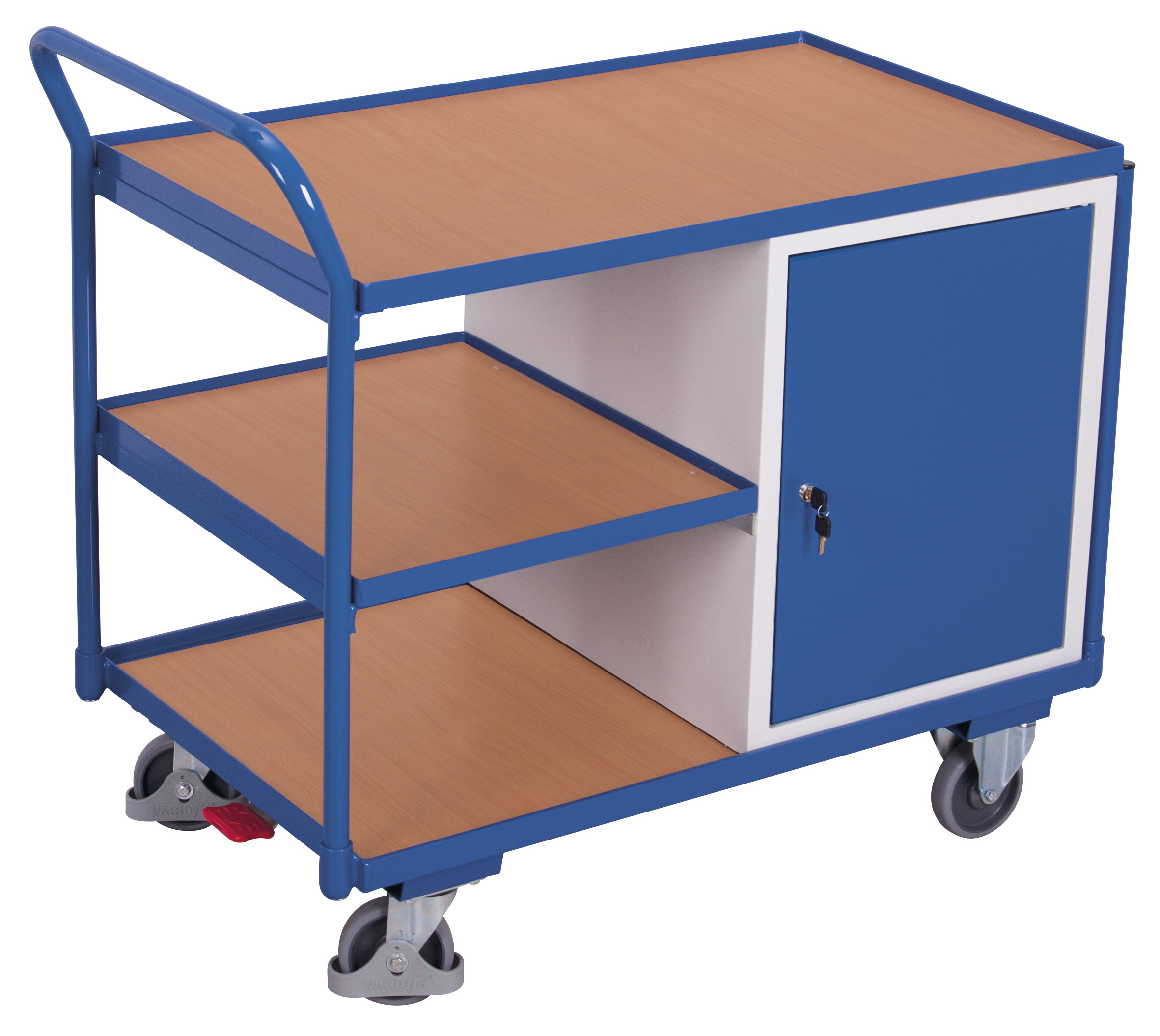 Vielseitiger Werkstattwagen 250 kg mit 3 Ladeflächen und Schrank, RAL 5010, 1125 × 625 mm Vielseitiger Werkstattwagen 250 kg mit 3 Ladeflächen und Schrank, RAL 5010, 1125 × 625 mm