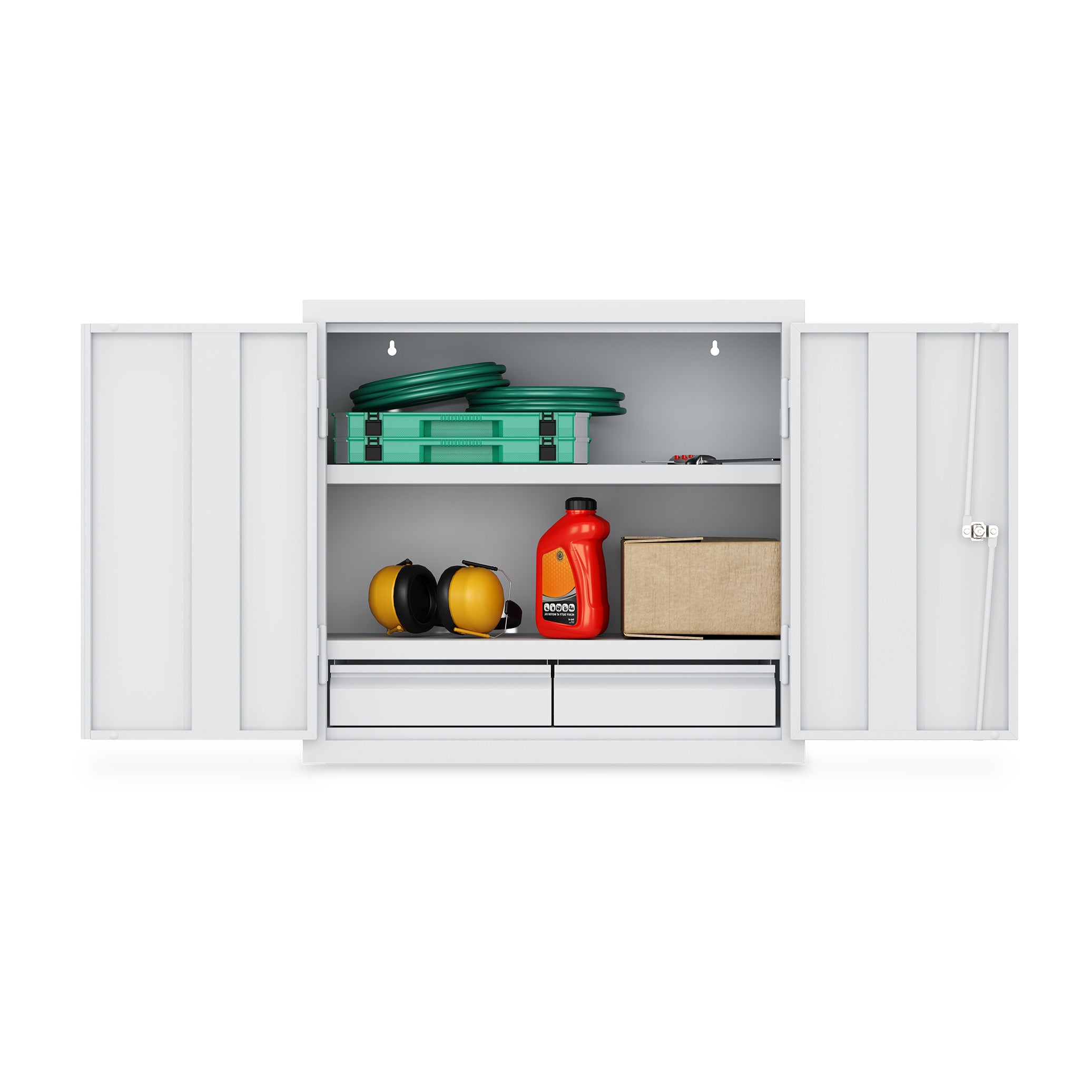 Werkstatt-Hängeschrank 650 × 320 × 600 mm – 2 Fachböden, 2 Schubladen, Farbe lichtgrau / enzianblau