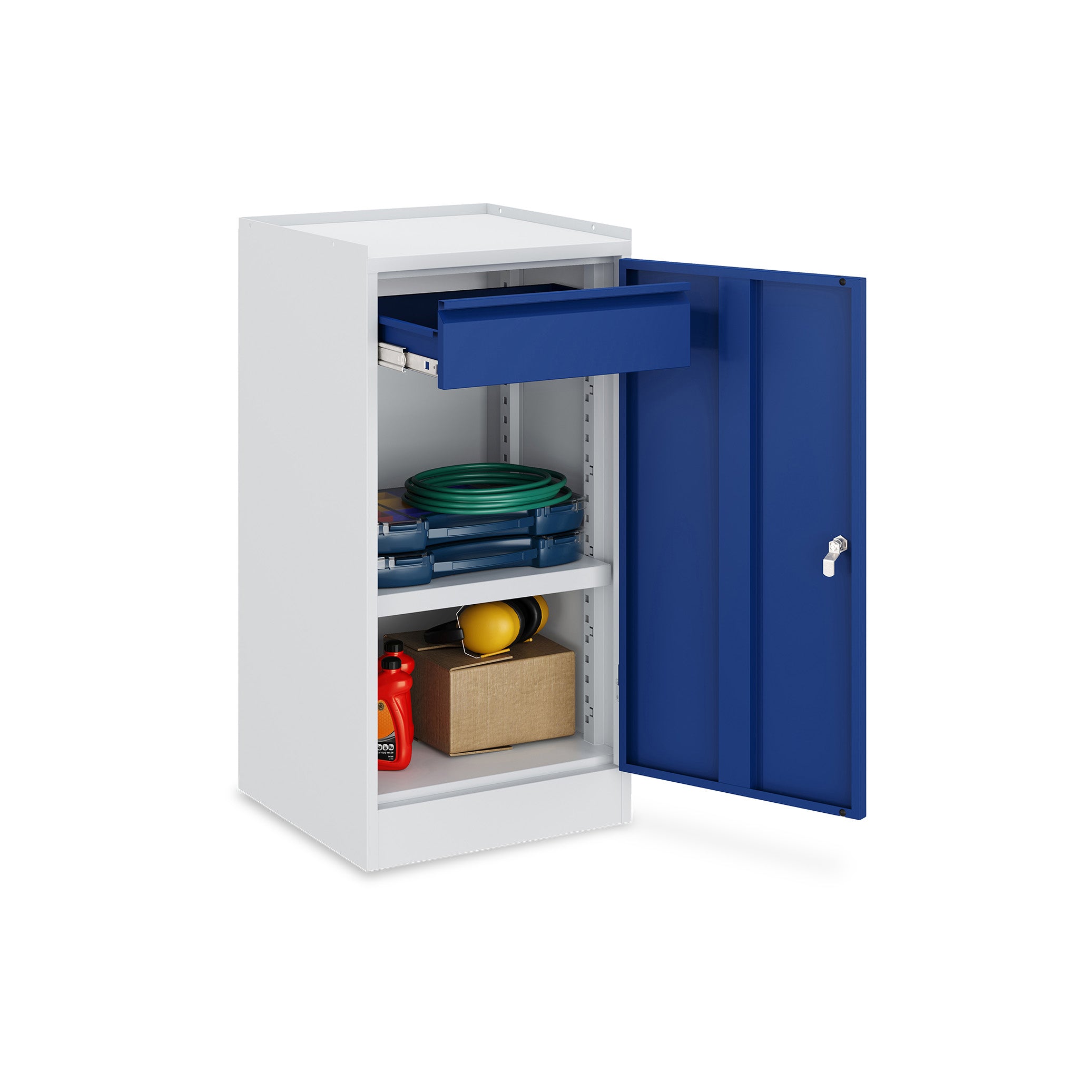 Kompakter Werkzeugschrank 500 × 500 × 1000 mm – 1 Tür, 1 Fachboden, 2 Schubladen, Farbe lichtgrau / enzianblau
