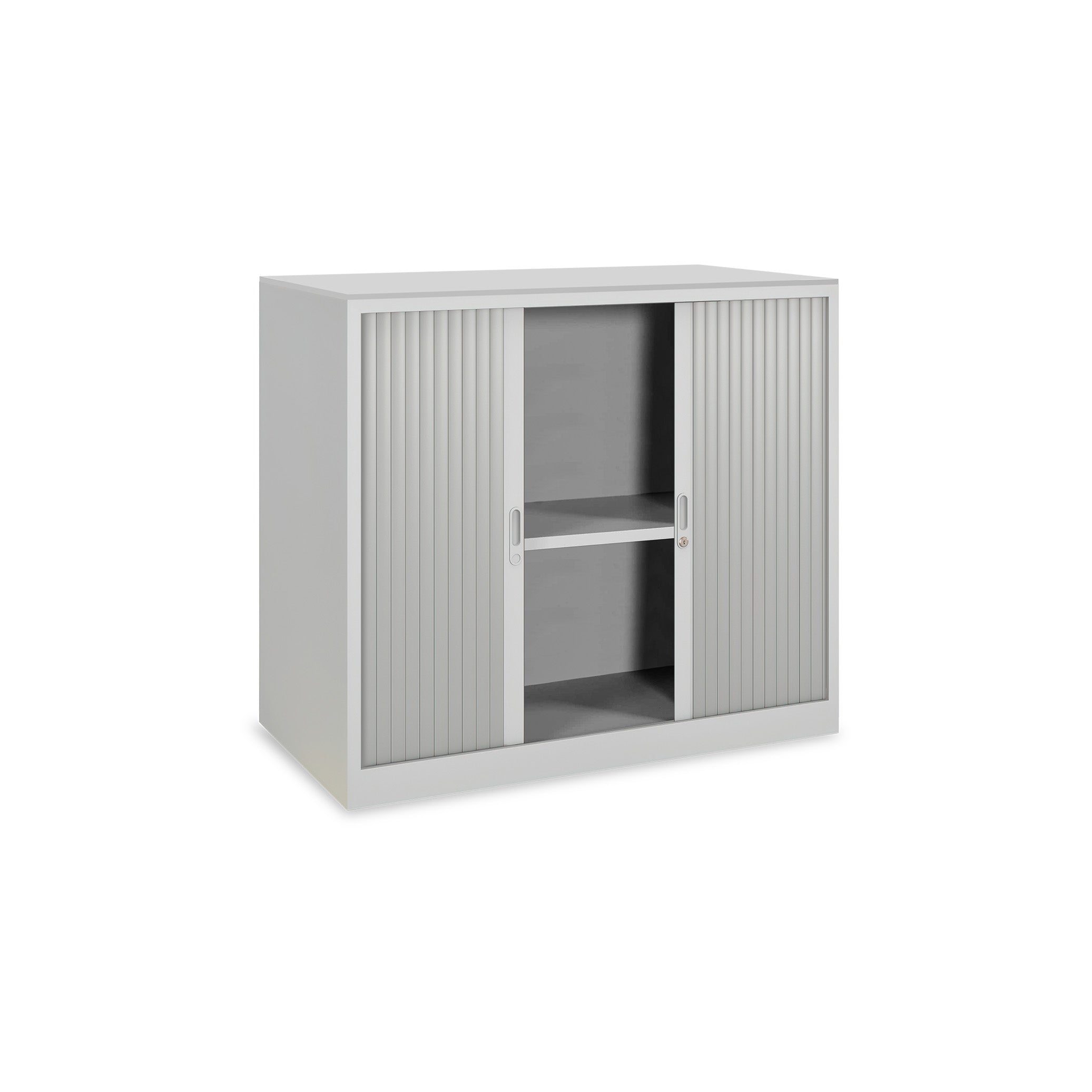 Eleganter Stahl-Rollladenschrank 2  Ordnerhöhen mit Holz-Abdeckplatte – Lichtgrau für flexible Raumgestaltung