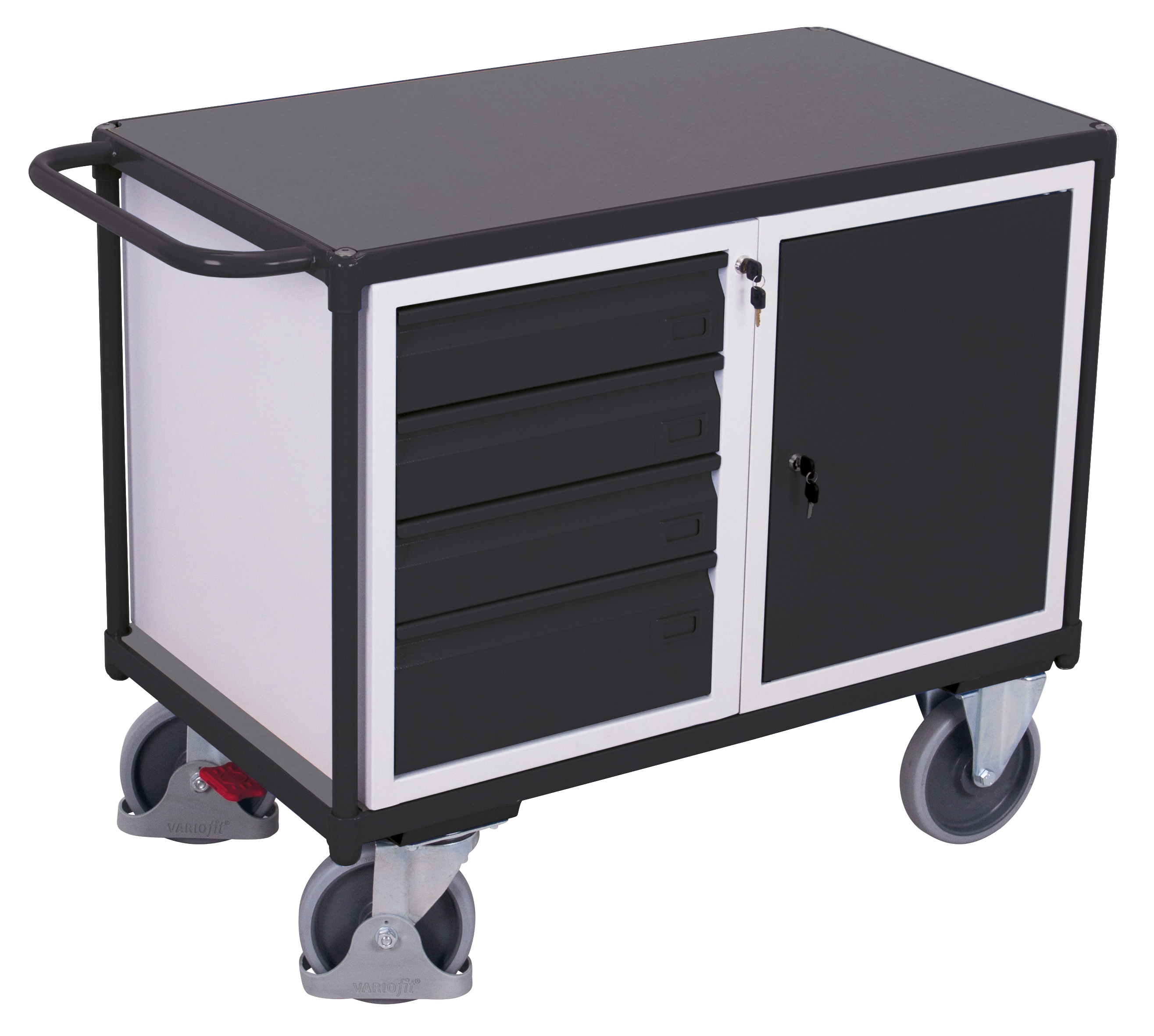 Stabiler Werkstattwagen 500 kg mit 1 Ladefläche, Schubladen und Schrank, RAL 7016, 1190 × 600 mm Stabiler Werkstattwagen 500 kg mit 1 Ladefläche, Schubladen und Schrank, RAL 7016, 1190 × 600 mm
