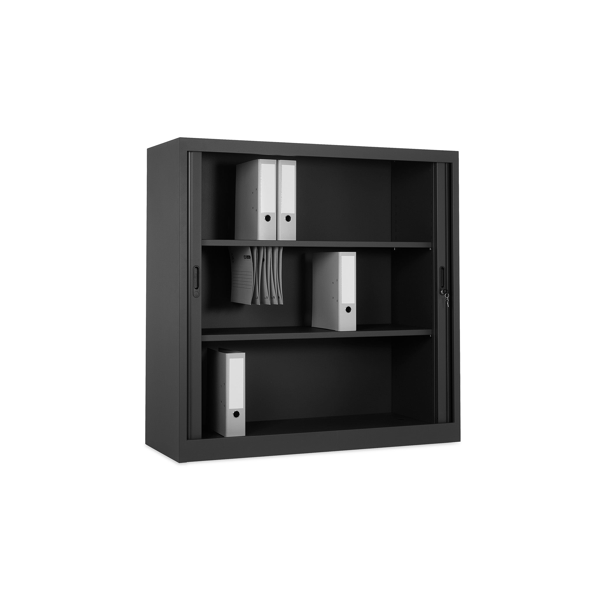 Mittelhoher Rollladenschrank 1200 × 450 × 1050 mm, farbe tiefschwarz/schwarz, 2,5 Ordnerhöhen, 2 Fachböden