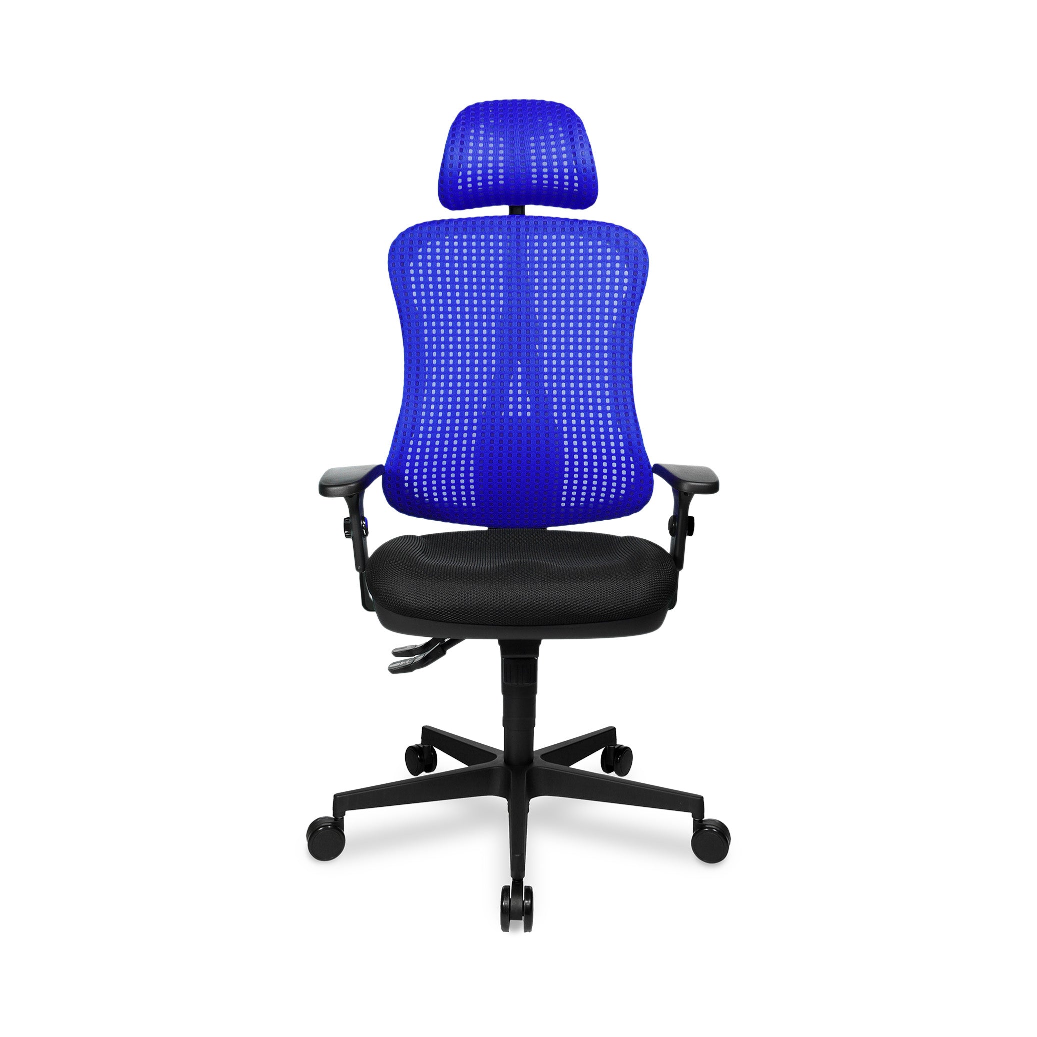 Bürodrehstuhl Headpoint – Ergonomischer Bürostuhl mit Armlehnen & Kopfstütze, Blaues Polster | GS geprüft