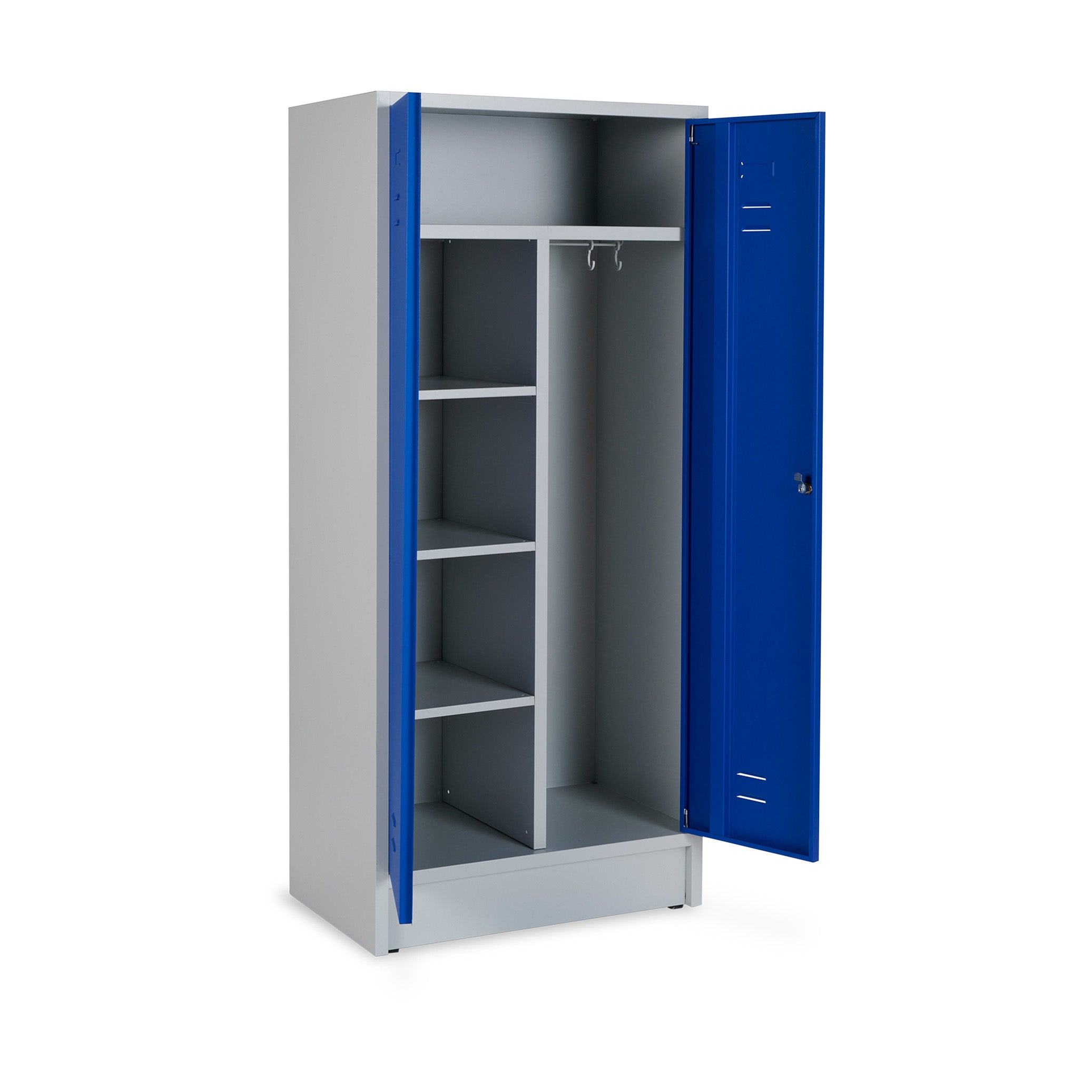 Funktionaler Stahl-Kleiderwäschespind 800 mm – 2 Abteile mit Fachböden & Kleiderstange – Lichtgrau/Enzianblau