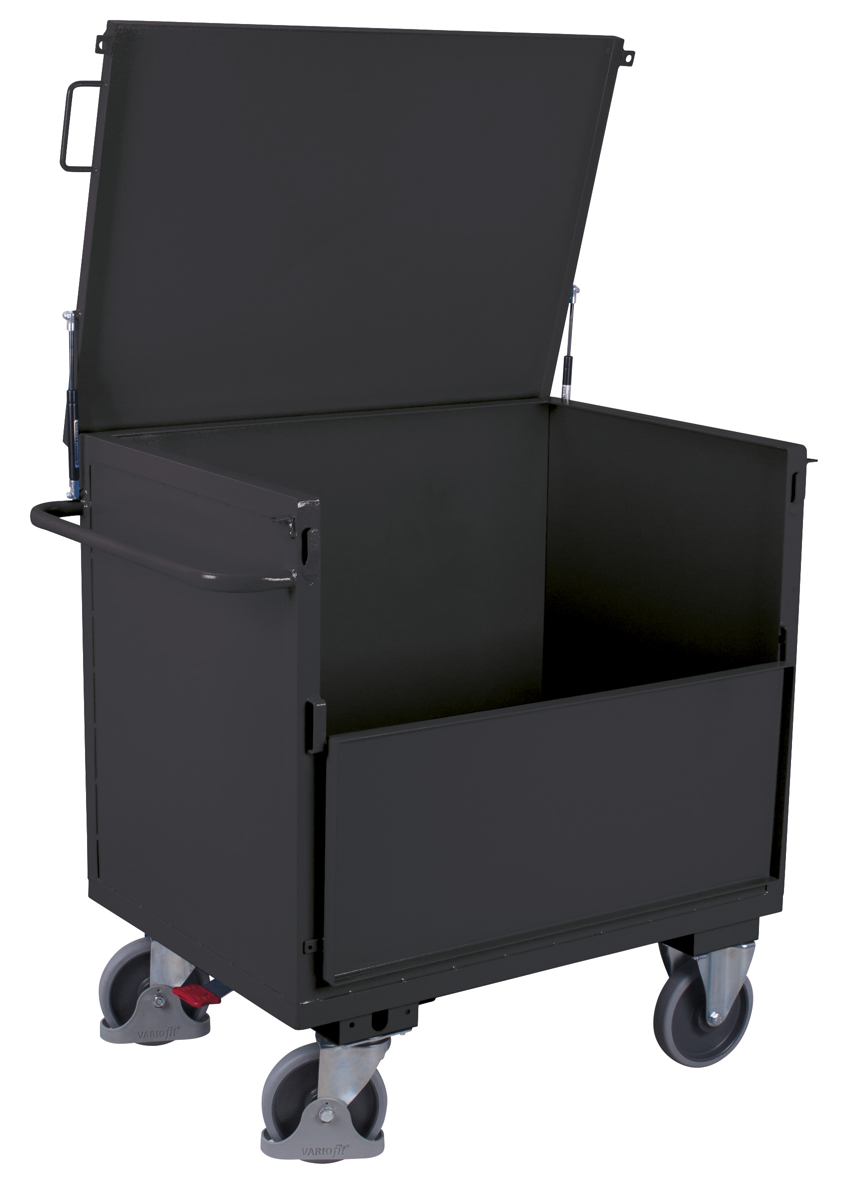 Praktischer Blechkastenwagen 1365 × 830 mm mit fest verschweißtem Deckel, 500 kg Traglast, RAL 7016, ideal für Lager & Werkstatt
