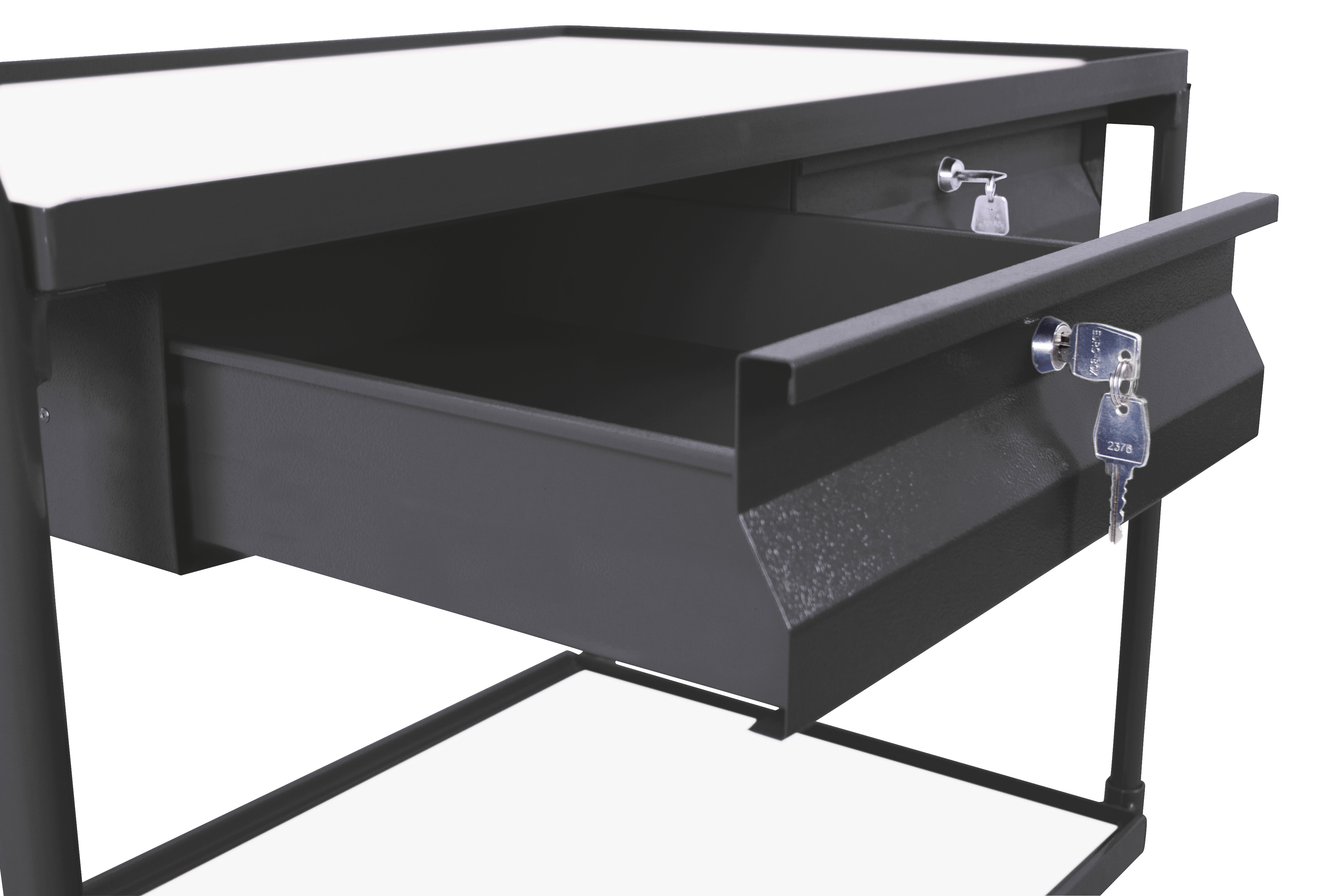ESD Tischwagen 1175 × 625 × 850 mm mit 2 Ladeflächen und 2 Schubladen, 250 kg Traglast, RAL 7024, ideal für ESD-Bereiche