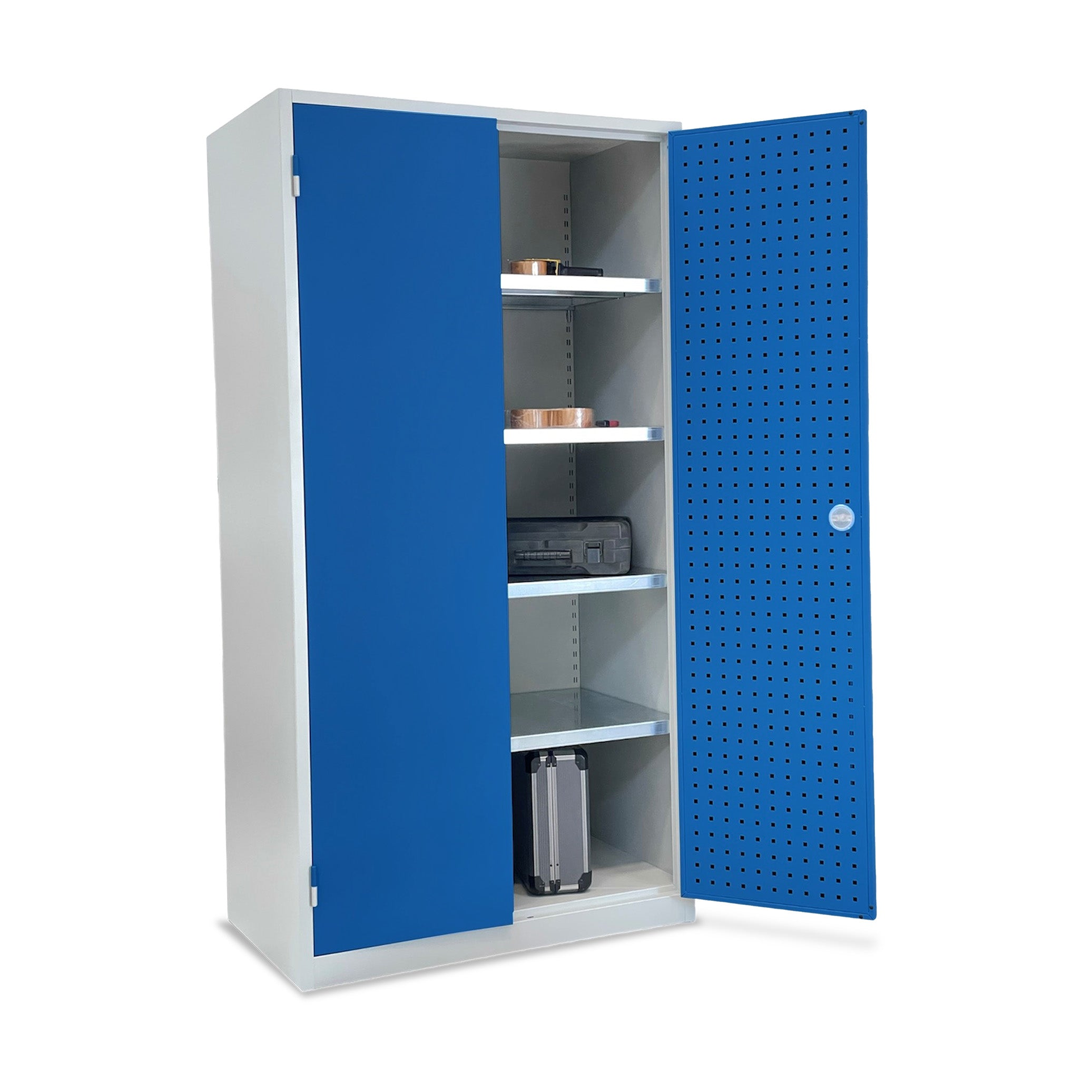 Werkstattschrank 1000 x 600 mm mit 4 Böden – 100 kg Tragkraft je Boden – Lichtgrau/Enzianblau – Sicher & Praktisch für Ihre Werkstatt