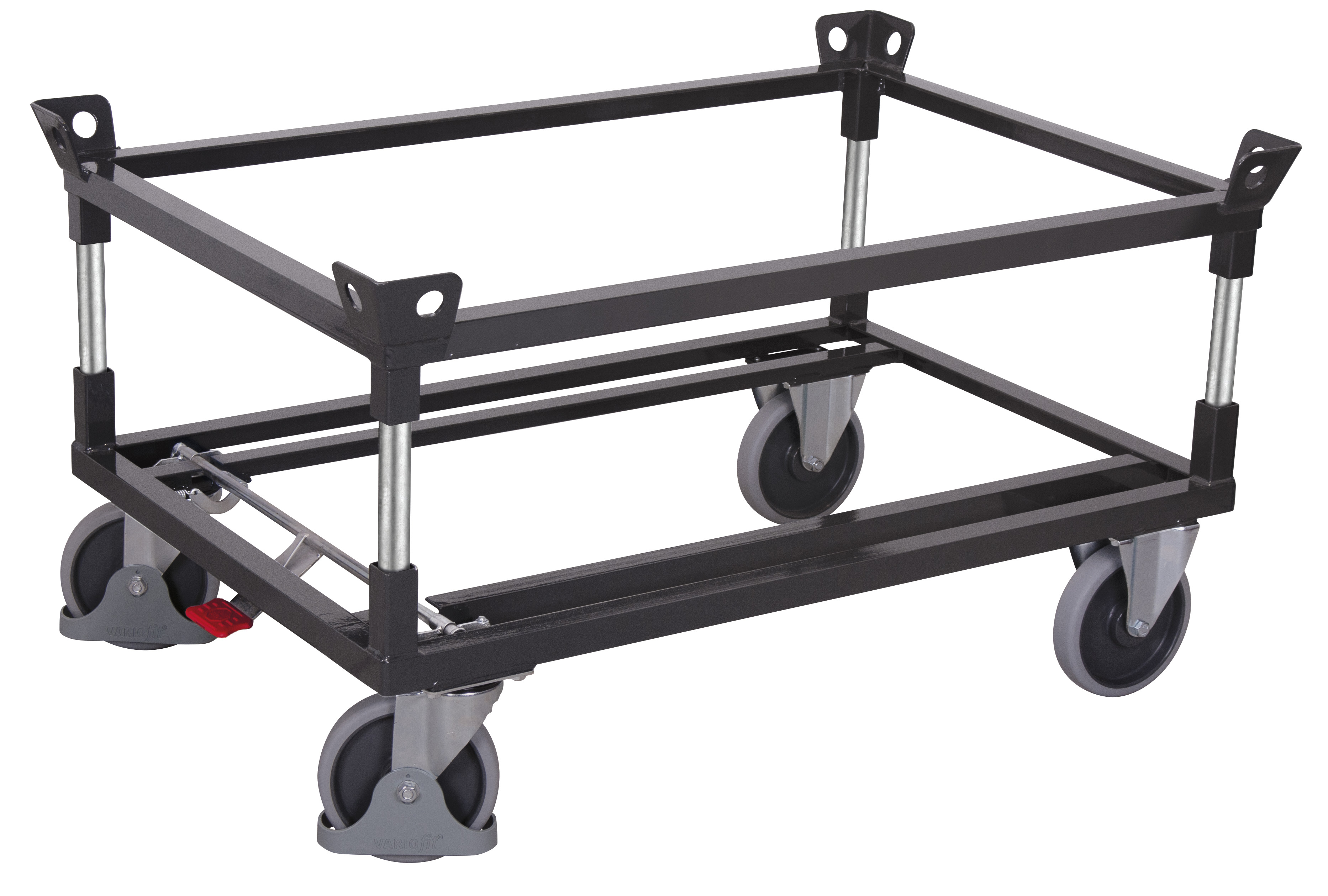 Anpassungsfähiges Fahrgestell 1270 × 1070 mm mit 2 Winkelrahmen aus Stahl für Europaletten und Gitterboxen, 500 kg Traglast, RAL 7016
