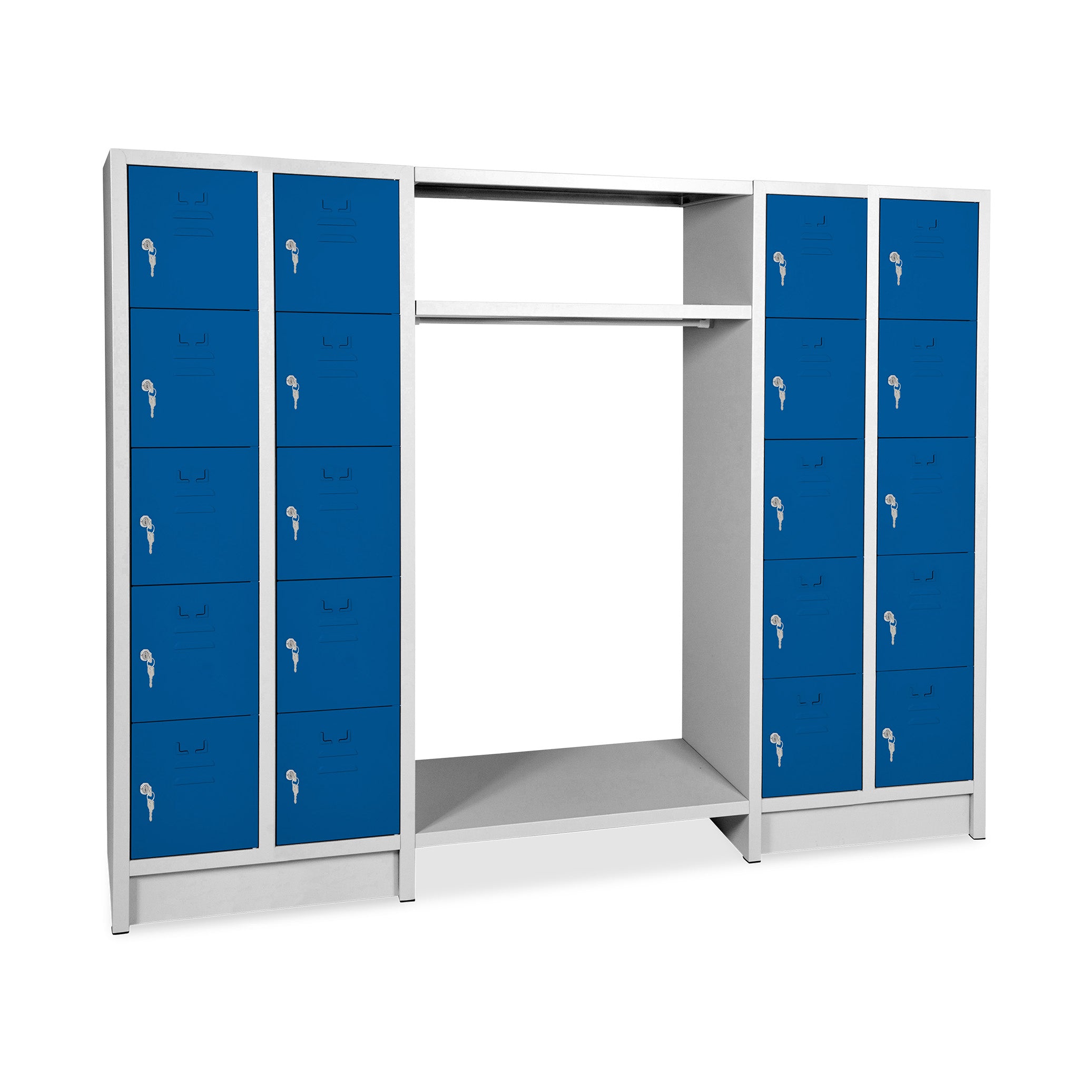 Vielseitige Schließfachgarderobe 1 Abteil 400 mm mit 20 Fächern – Perfekte Lösung für Gemeinschaftsbereiche in Enzianblau Geräumige Schließfachgarderobe mit 20 Türen und Kleiderstange, 2040 × 500 × 1800 mm, Farbe lichtgrau / enzianblau
