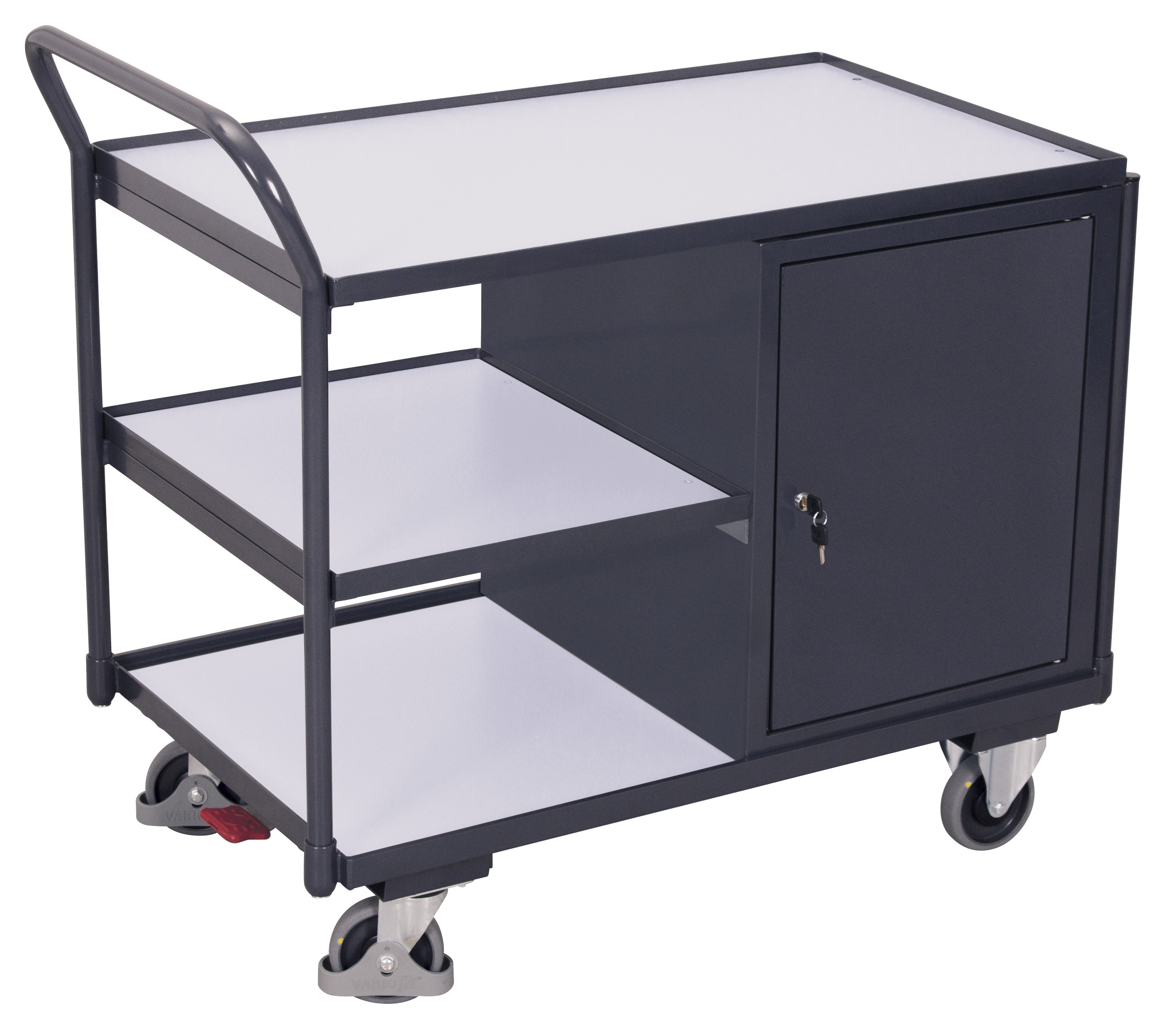 Vielseitiger ESD Werkstattwagen 250 kg mit 3 Ladeflächen und Schrank, RAL 7024, 1125 × 625 mm Vielseitiger ESD Werkstattwagen 250 kg mit 3 Ladeflächen und Schrank, RAL 7024, 1125 × 625 mm