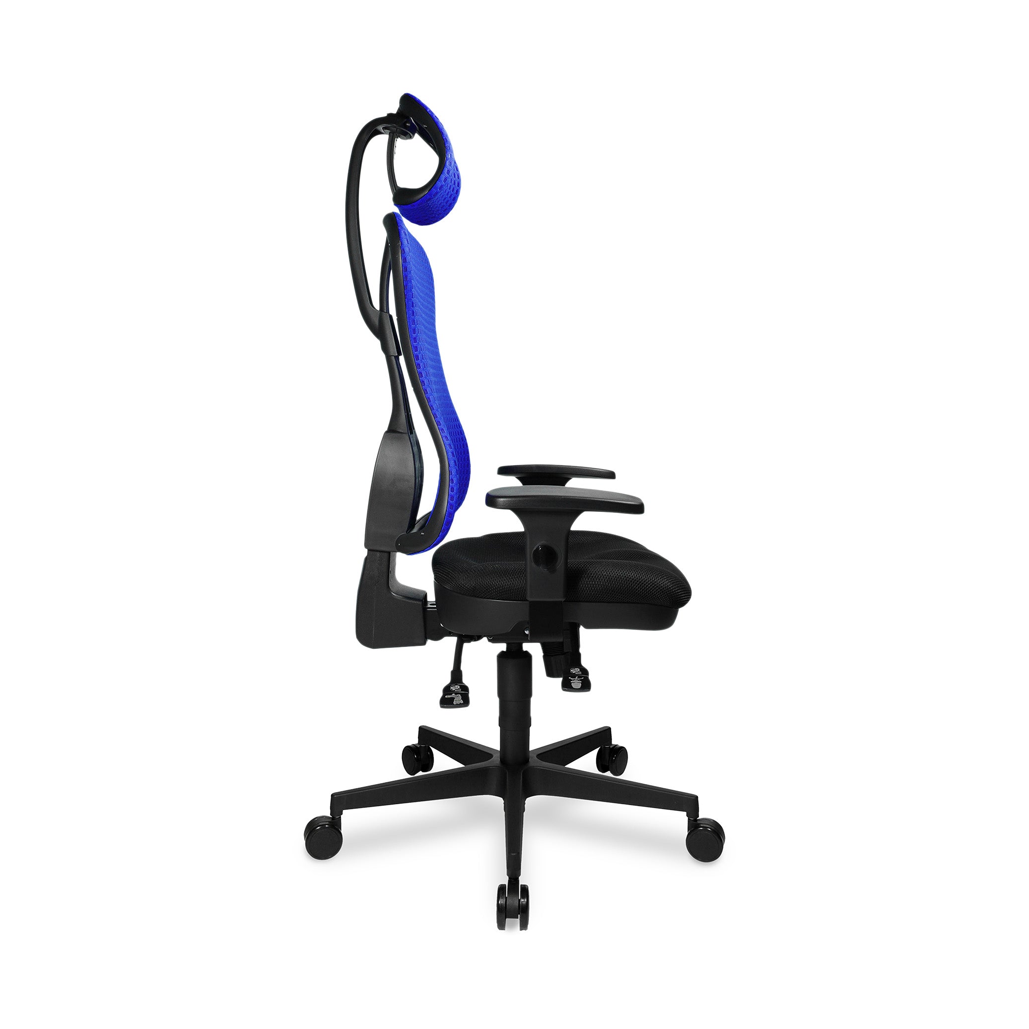 Bürodrehstuhl Headpoint – Ergonomischer Bürostuhl mit Armlehnen & Kopfstütze, Blaues Polster | GS geprüft