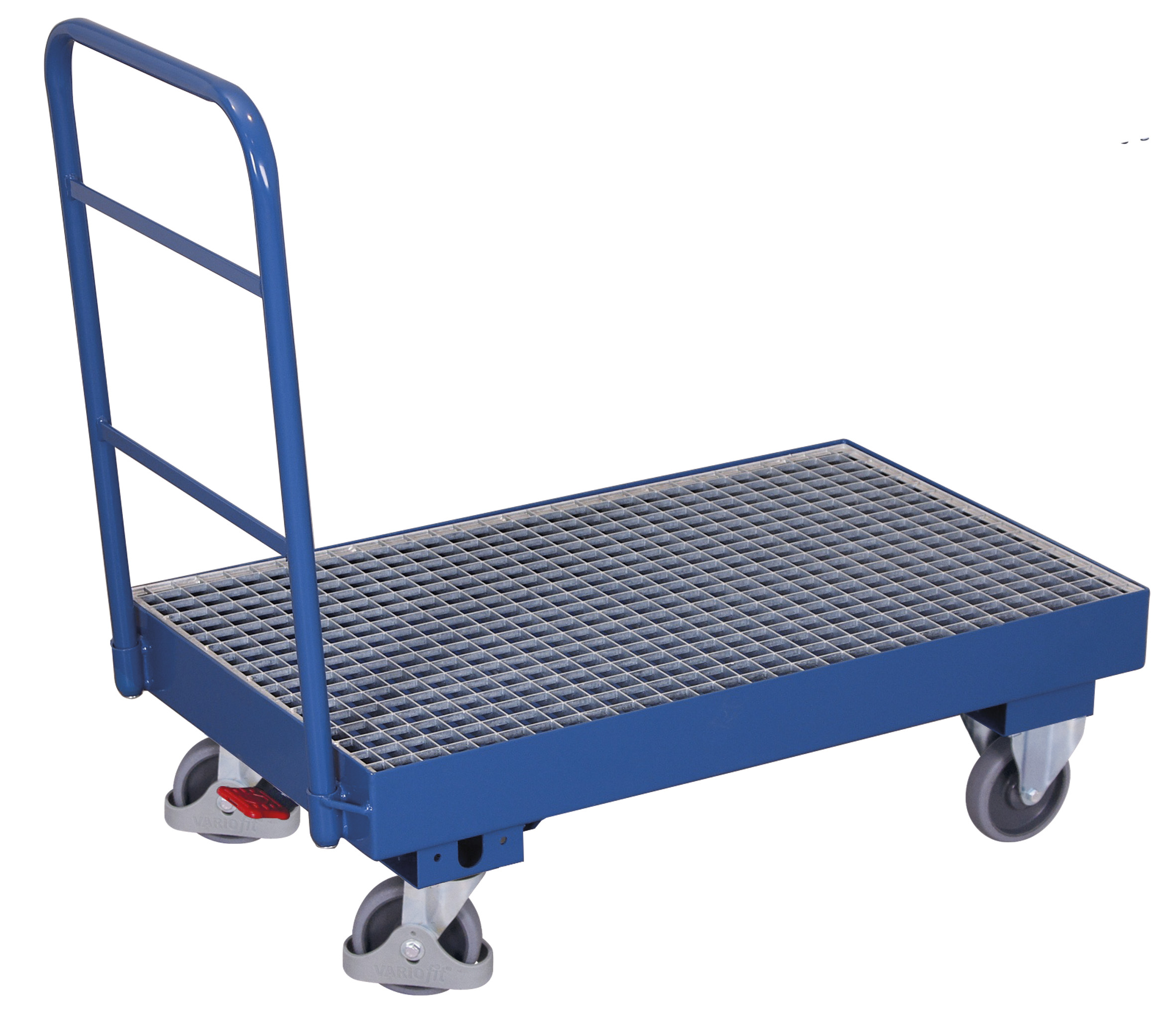 Vielseitiger Schiebebügelwagen 1100 × 600 × 1010 mm mit Auffangwanne 42,5 Liter, RAL 5010 Vielseitiger Schiebebügelwagen 1100 × 600 × 1010 mm mit Auffangwanne 42,5 Liter, RAL 5010