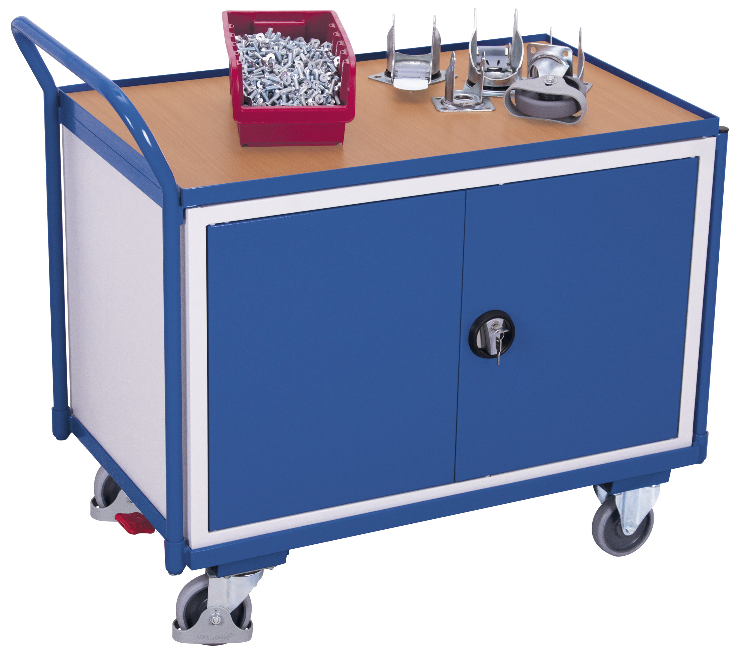 Kompakter Werkstattwagen 250 kg mit 1 Ladefläche und Doppeltür-Schrank, RAL 5010, 1125 × 625 mm