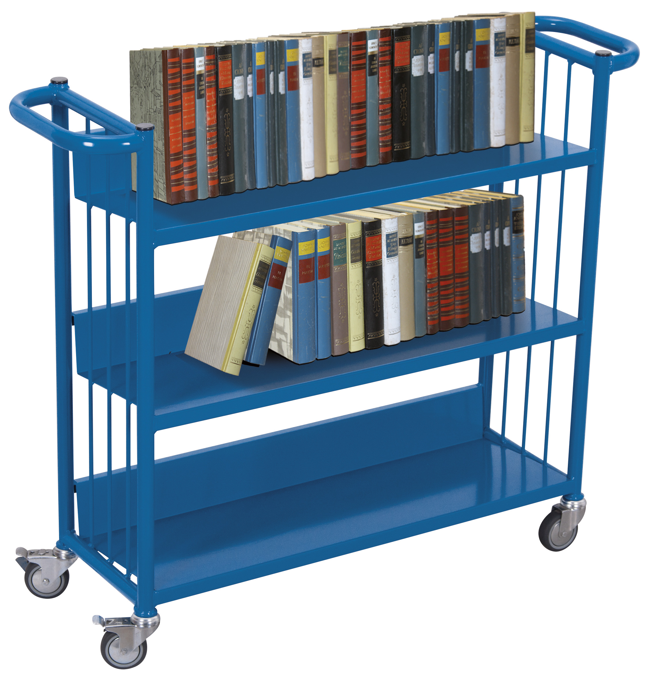 Kompakter Büchertransportwagen, 1085 × 300 × 900 mm, RAL 5010, 150 kg Traglast