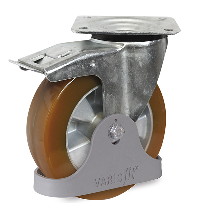 Hochbelastbare Bremsrolle 200 mm aus Polyurethan mit Fußschutz, 500 kg Traglast, Bauhöhe 235 mm Hochbelastbare Bremsrolle 200 mm aus Polyurethan mit Fußschutz, 500 kg Traglast, Bauhöhe 235 mm