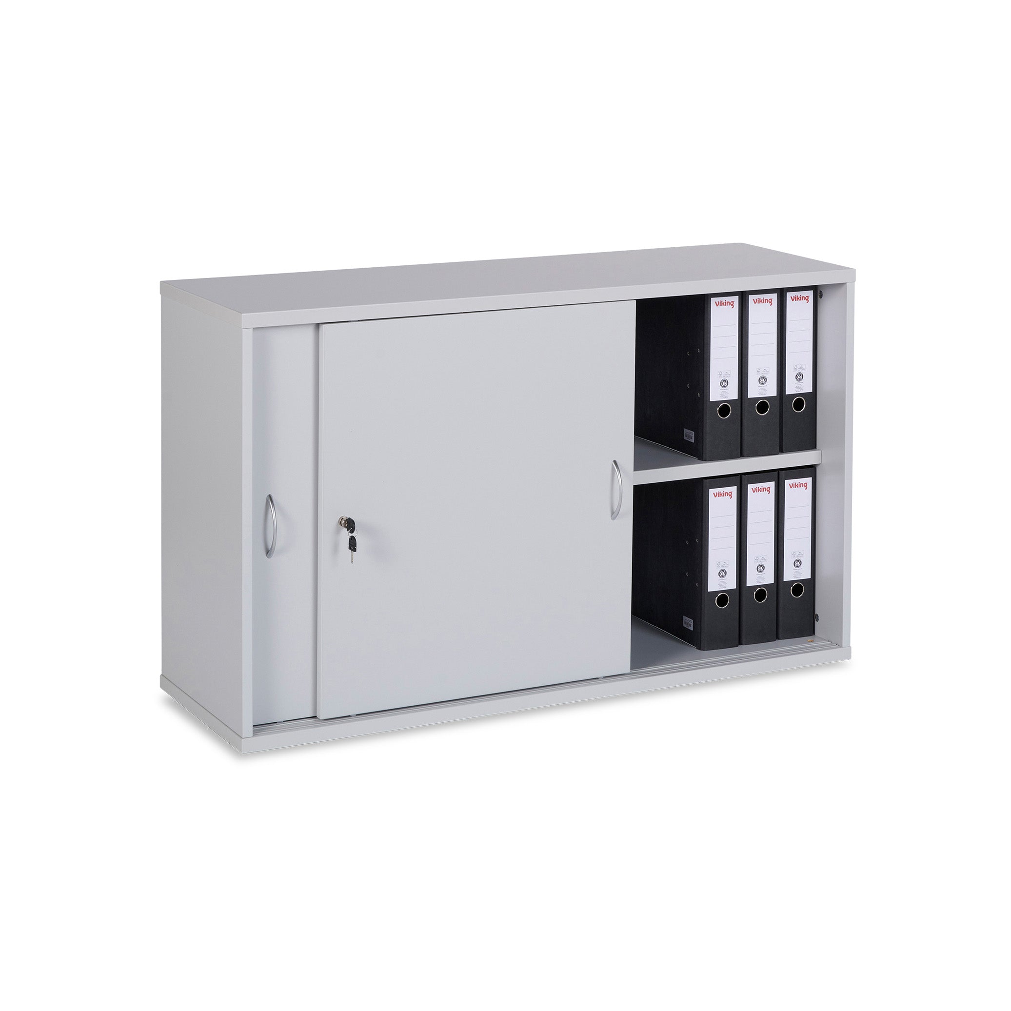 Kompakter Schiebetürenschrank 1200 × 400 × 740 mm, 2 Ordnerhöhen, Farbe Grau/Grau Kompakter Schiebetürenschrank 1200 × 400 × 740 mm, 2 Ordnerhöhen, Farbe Grau/Grau