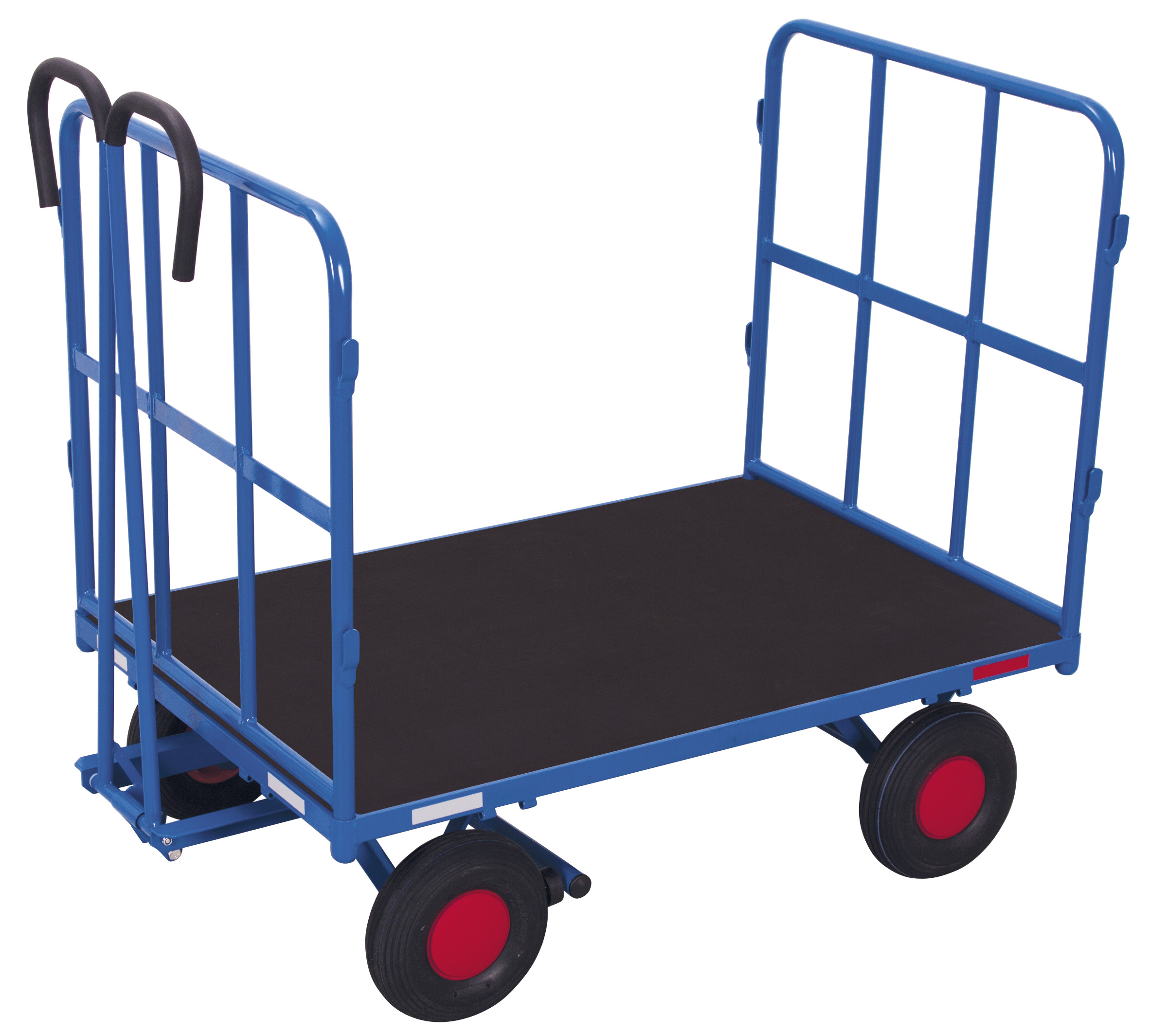 Kompakter Handpritschenwagen 1120 × 715 mm mit 2 Rohrgitterwänden, 700 kg Traglast, Luftbereifung, RAL 5010, ideal für Lager & Werkstatt Kompakter Handpritschenwagen 1120 × 715 mm mit 2 Rohrgitterwänden, 700 kg Traglast, Vollgummibereifung, RAL 7016