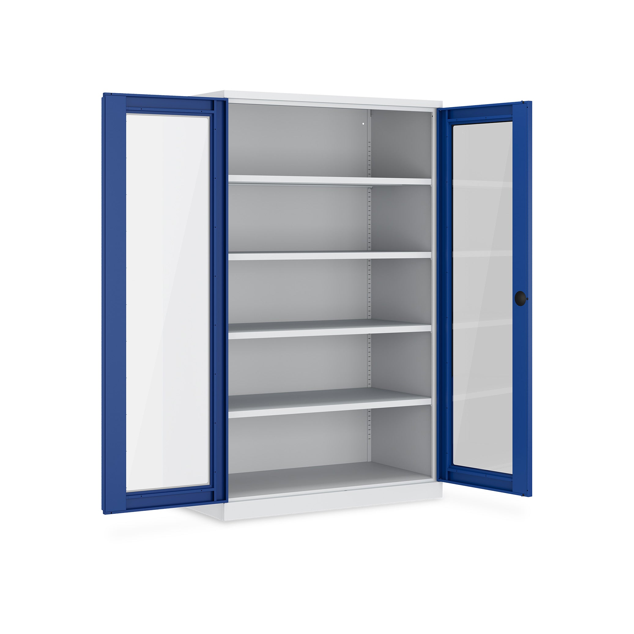 Werkstattschrank mit Acrylglasfenstern 1200 × 660 × 1950 mm – 4 Fachböden, Farbe lichtgrau / enzianblau