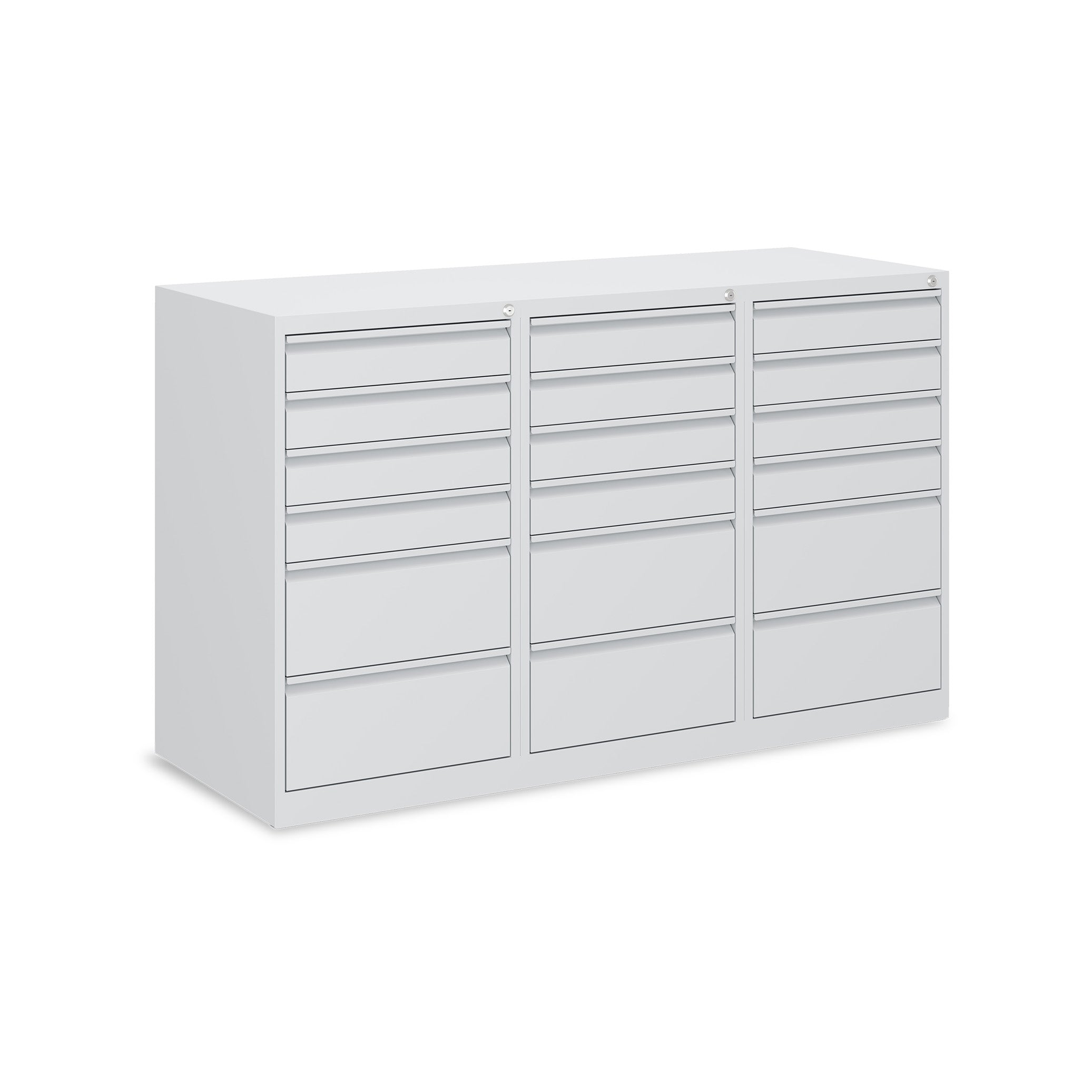 Stabiler Schubladenschrank 1500 × 500 × 900 mm – mit 18 Schubladen, Farbe lichtgrau / lichtgrau