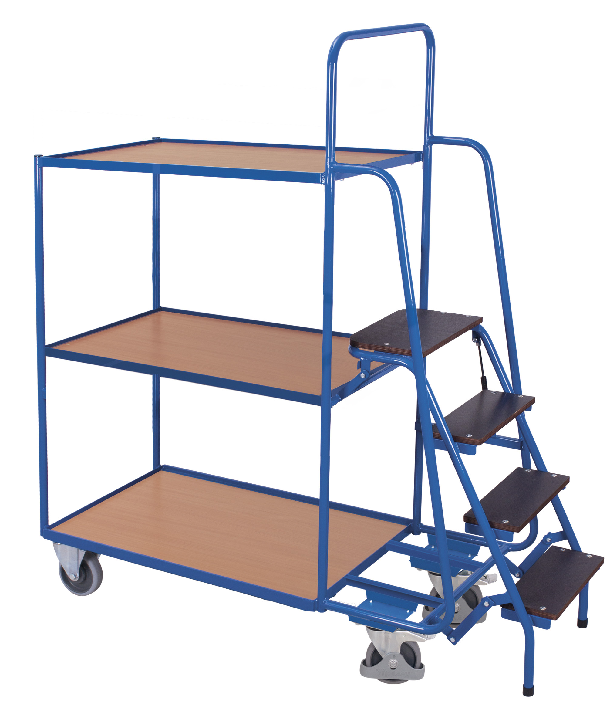 Hochbauender Kommissionierwagen mit 3 Ladeflächen und Trittstufe, RAL 5010, 1695 × 625 mm Hochbauender Kommissionierwagen mit 3 Ladeflächen und Trittstufe, RAL 5010, 1695 × 625 mm