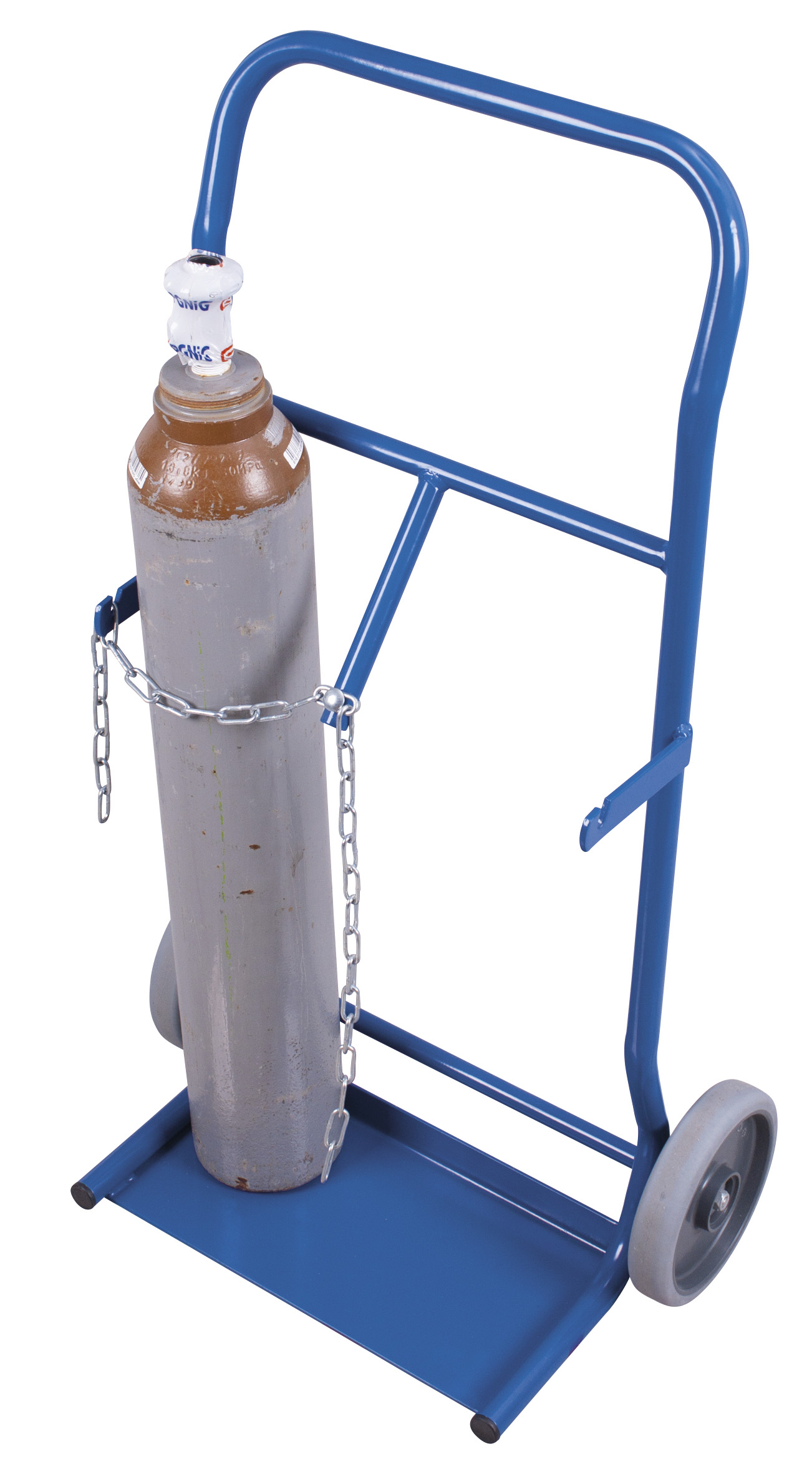 Kompakte Stahlflaschenkarre 565 × 370 × 1045 mm für 2 Flaschen à 10 Liter, RAL 5010, ideal für sicheren Transport