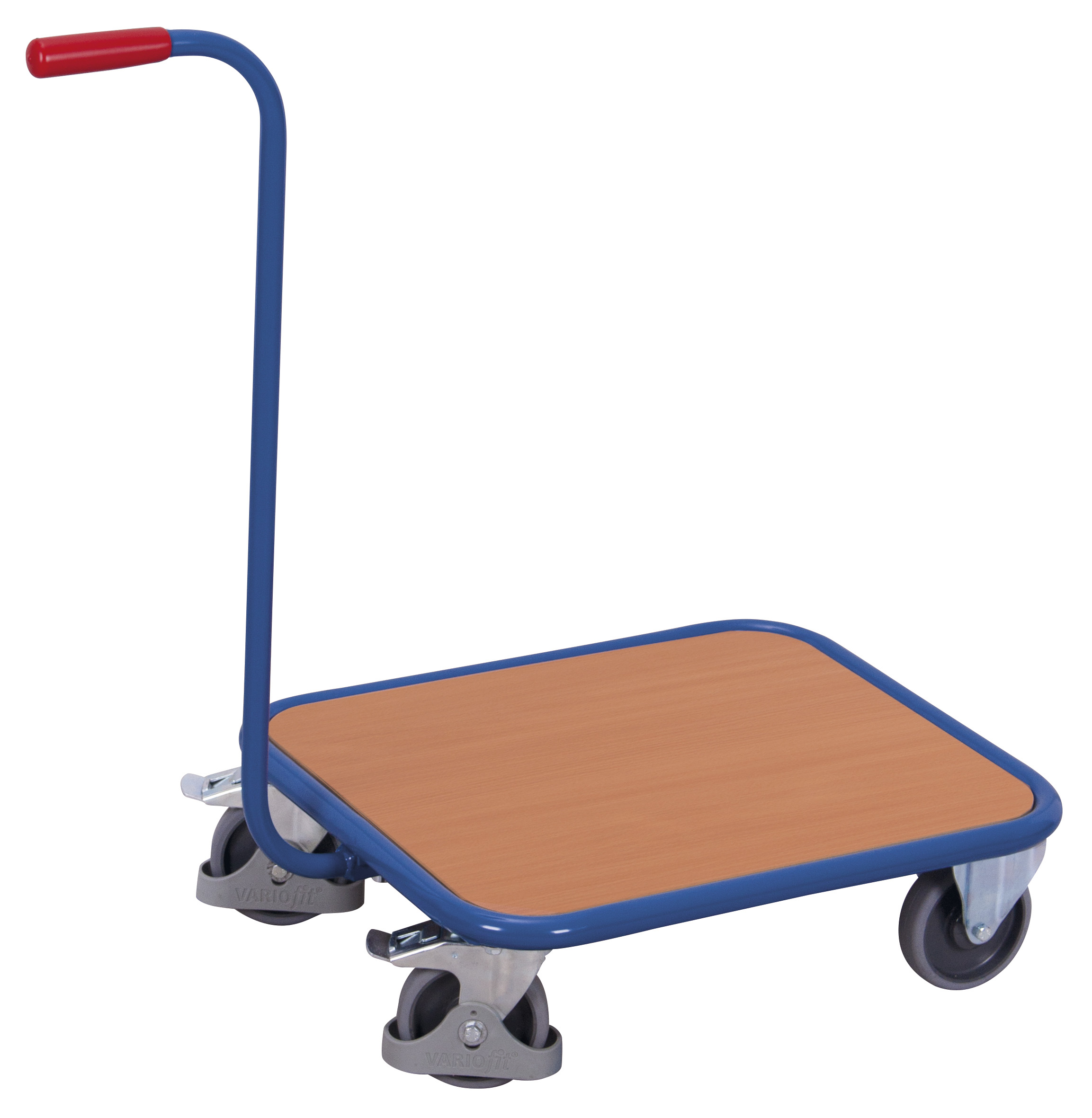Stabiler Griffroller 880 × 500 mm mit Holzladefläche, 250 kg Traglast, RAL 5010, ideal für Lager & Kommissionierung