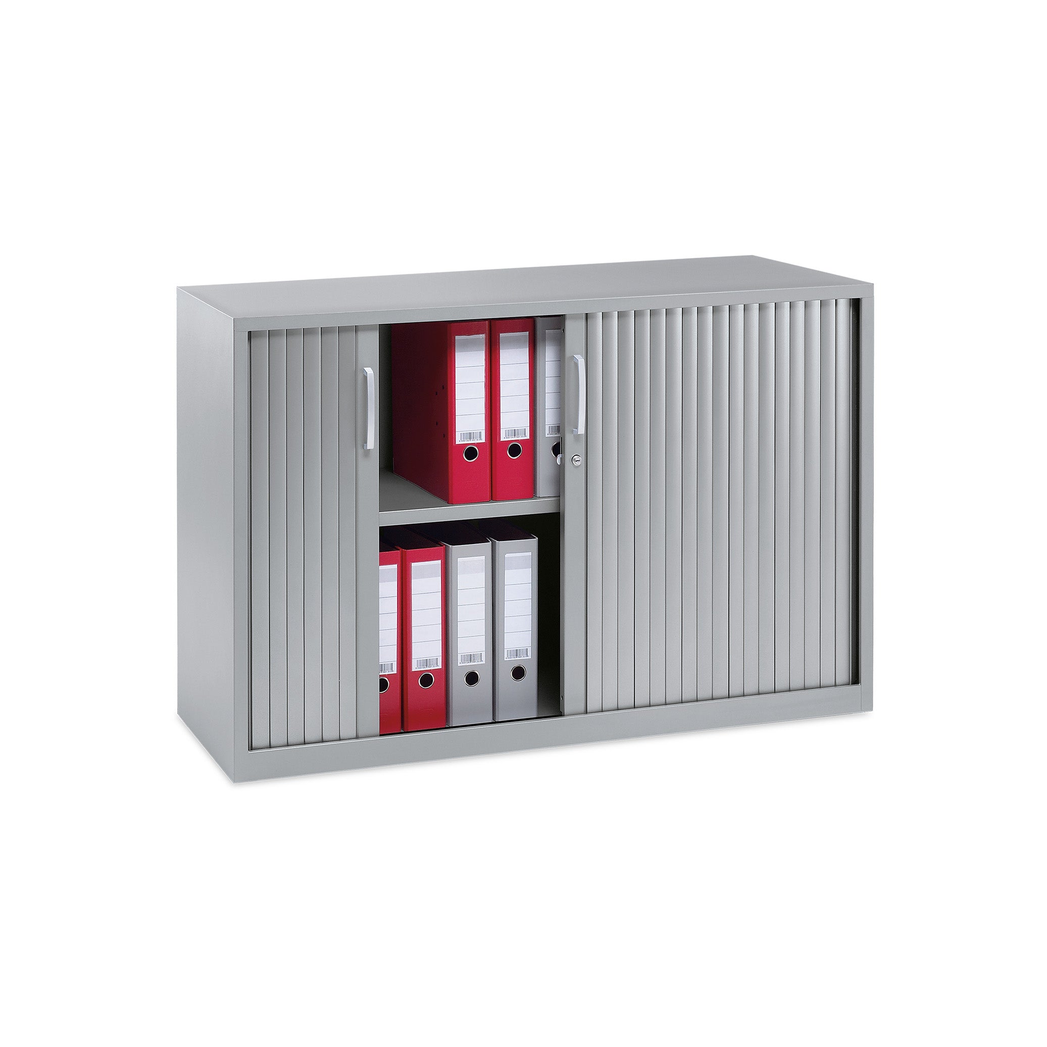 Kompakter Rollladenschrank 1200 × 420 × 850 mm, 2 Ordnerhöhen, Korpus Weißaluminium mit silberner Front Kompakter Rollladenschrank 1200 × 420 × 850 mm, 2 Ordnerhöhen, Korpus Weißaluminium mit silberner Front
