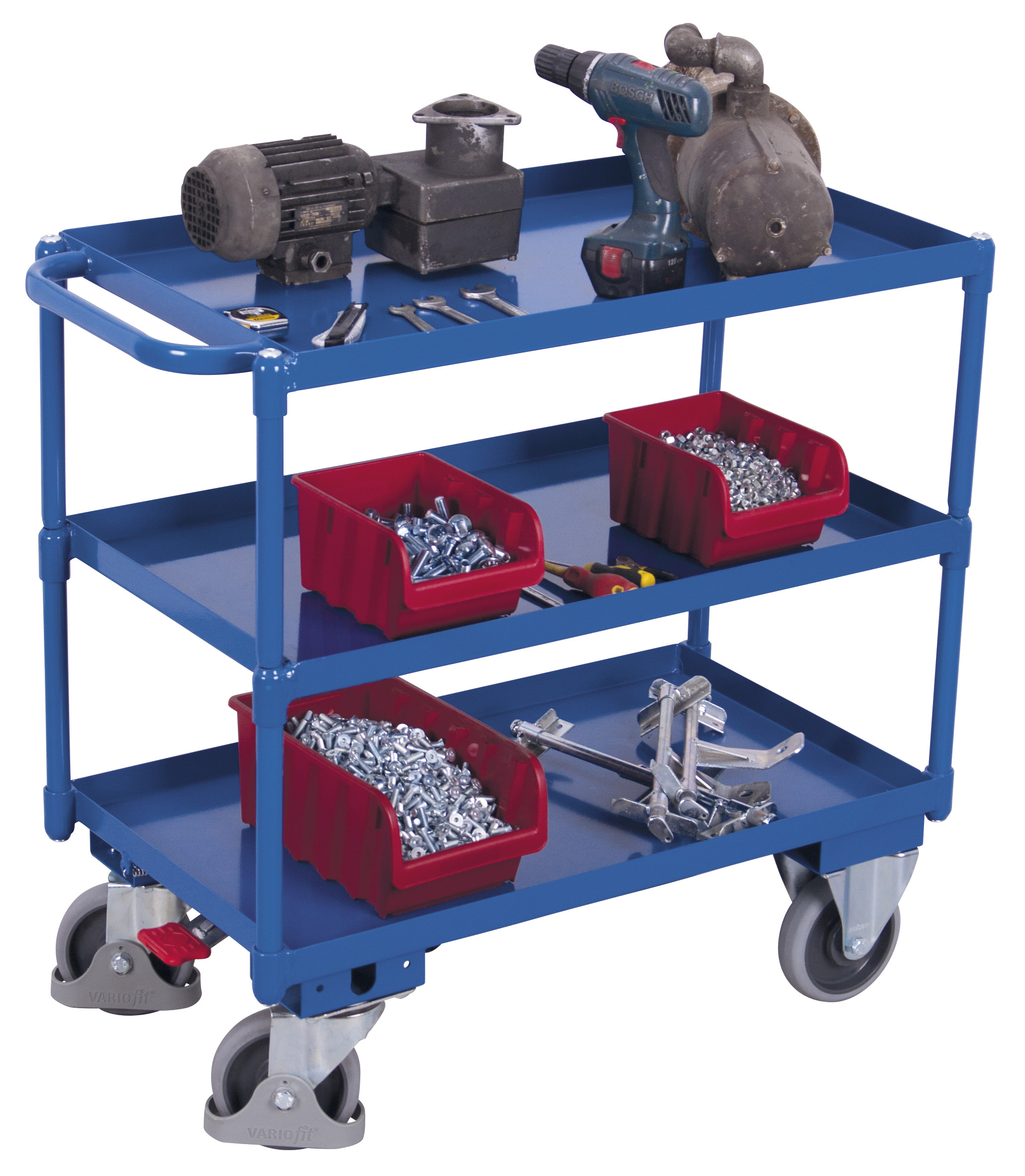 Effizienter Ölsicherer Tischwagen 1135 × 700 mm mit 3 Wannen-Ladeflächen, 400 kg Traglast, RAL 5010, ideal für Werkstatt & Betrieb
